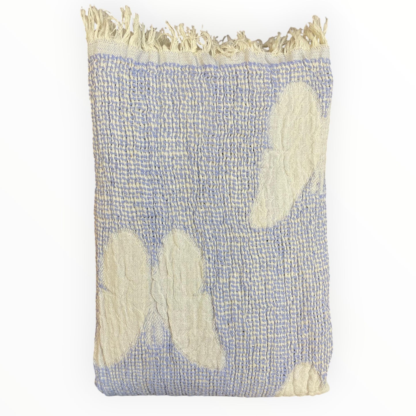 Handmade handwoven natural cotton muslin Turkish towel in blue with white butterfly design in detail