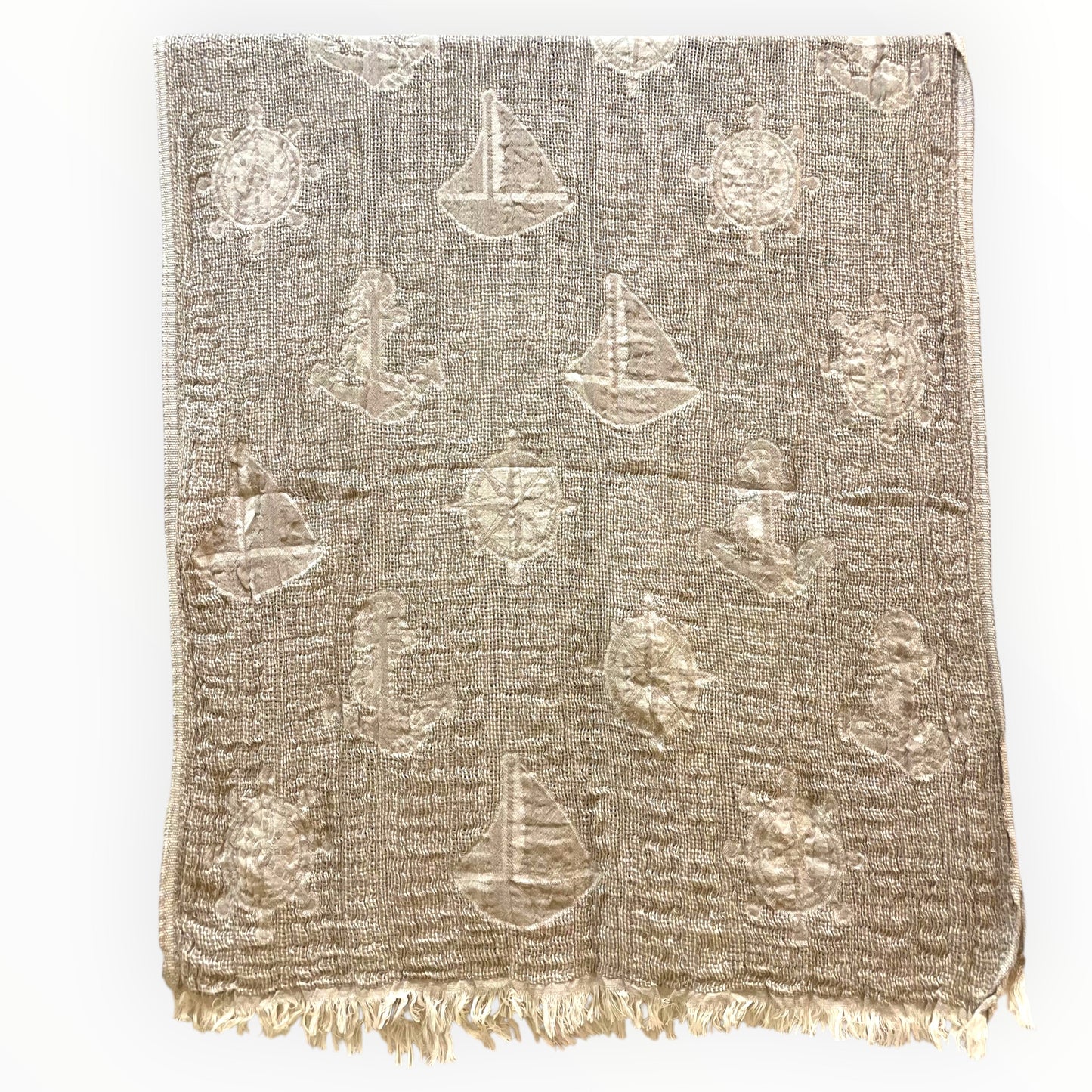 Handmade handwoven natural cotton muslin Turkish towel in brown with marine-inspired sailboat and anchor patterns