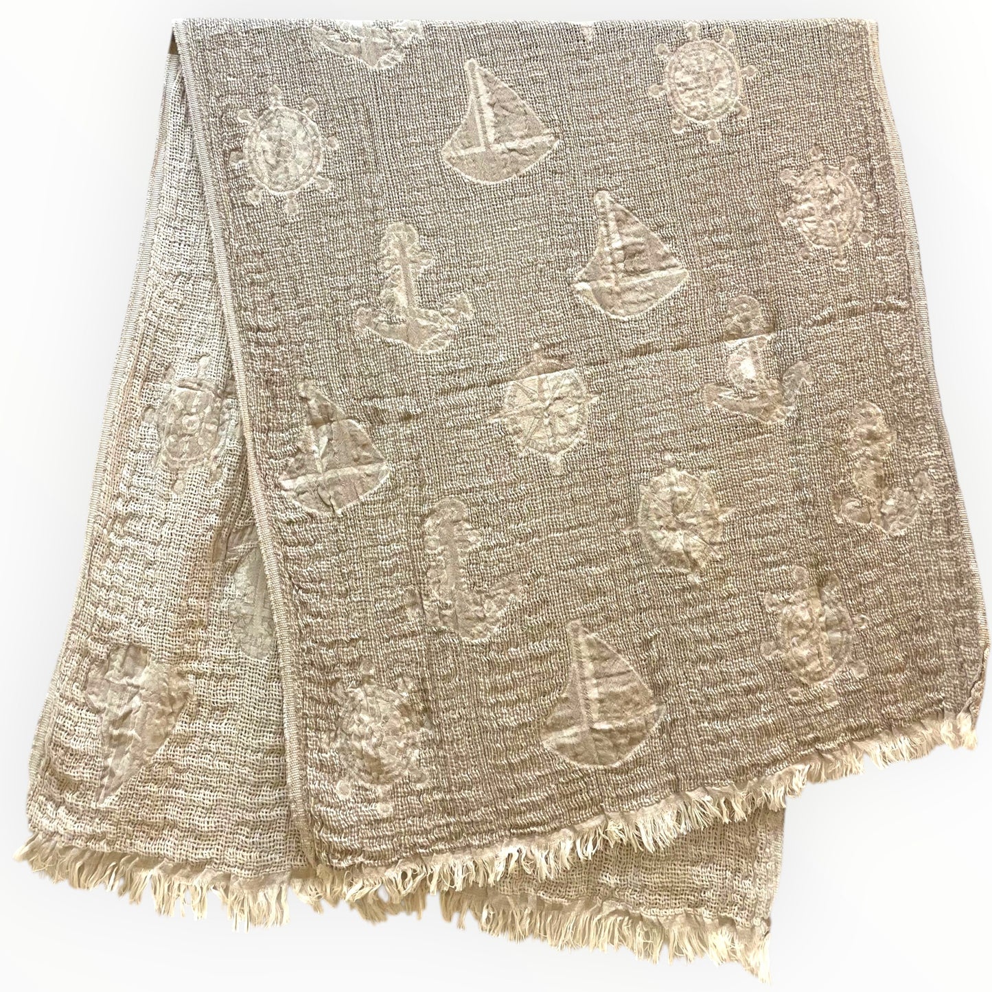 Handmade handwoven natural cotton muslin Turkish towel in brown with marine-inspired sailboat and anchor patterns