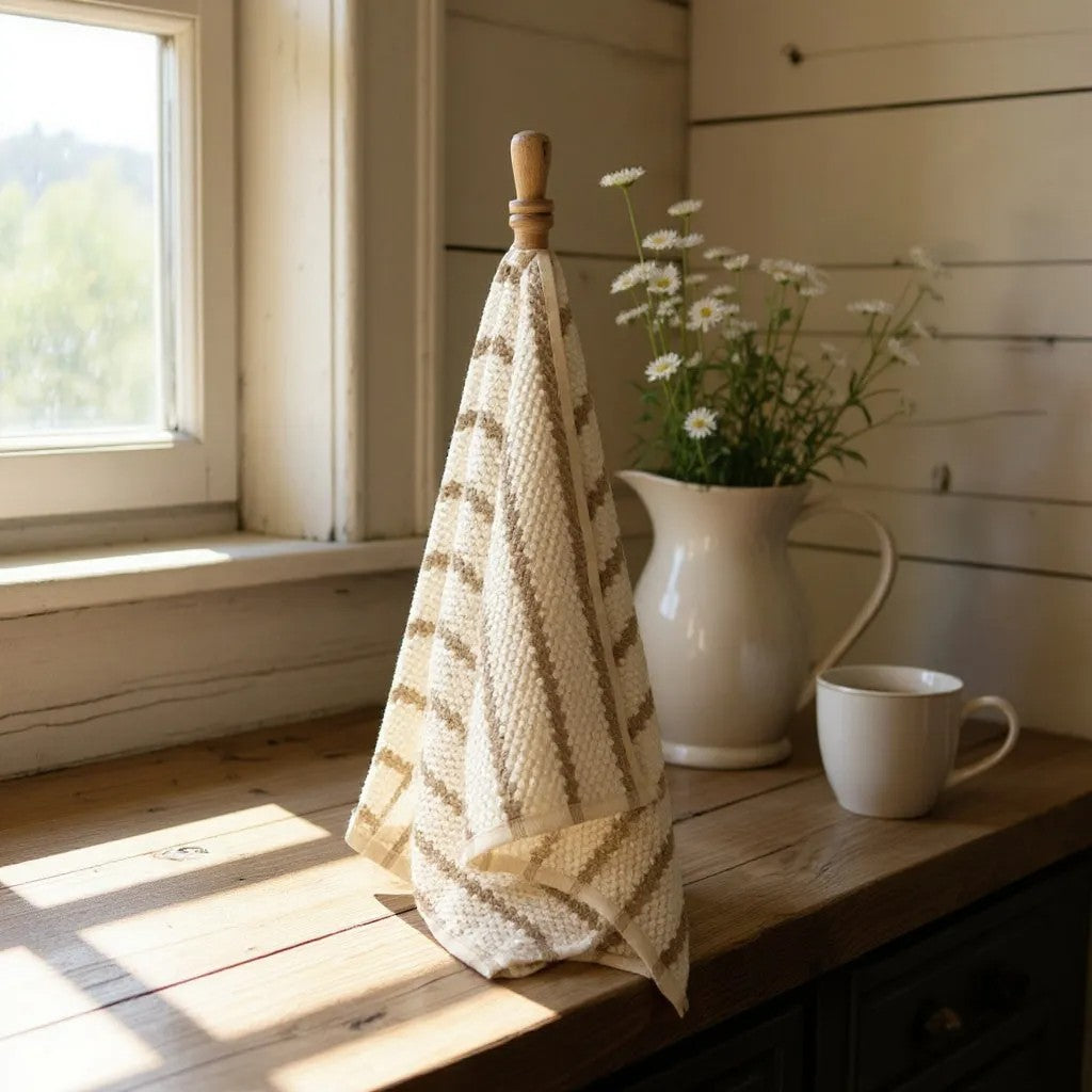 Handmade handwoven natural cotton Turkish hand towels in striped design, shown in four color variations, versatile for hand, head, guest, or kitchen use, hanging on a wooden hook with a vase of flowers and a mug on a wooden surface.