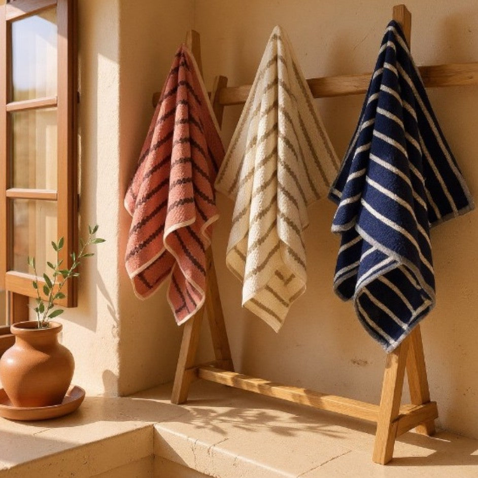 Three Handmade handwoven natural cotton Turkish hand towels in striped design, shown in four color variations, versatile for hand, head, guest, or kitchen use hanging on a wooden rack with a plant on a windowsill.