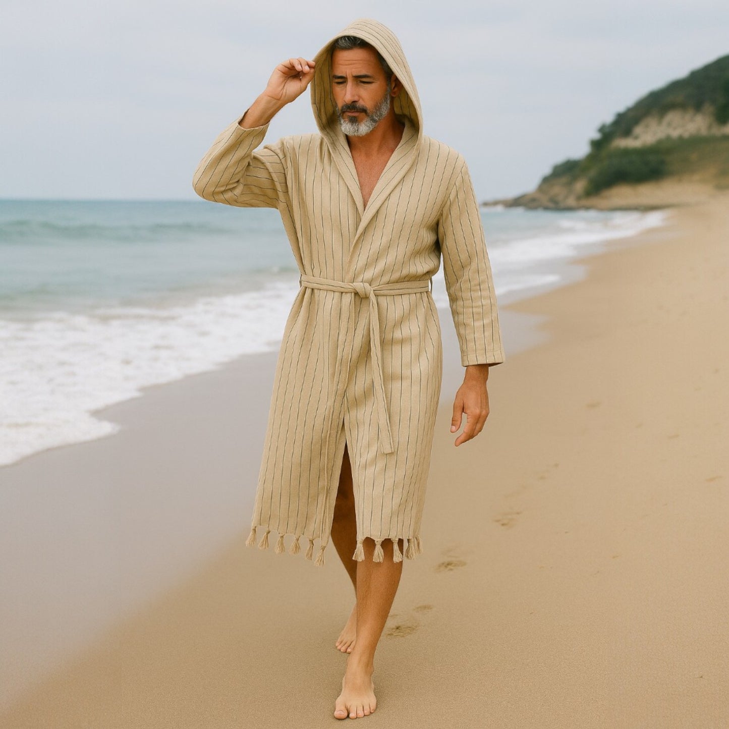 Handmade Natural Cotton Turkish Towel Pestemal Bathrobe – Ecru Stripe (Unisex)