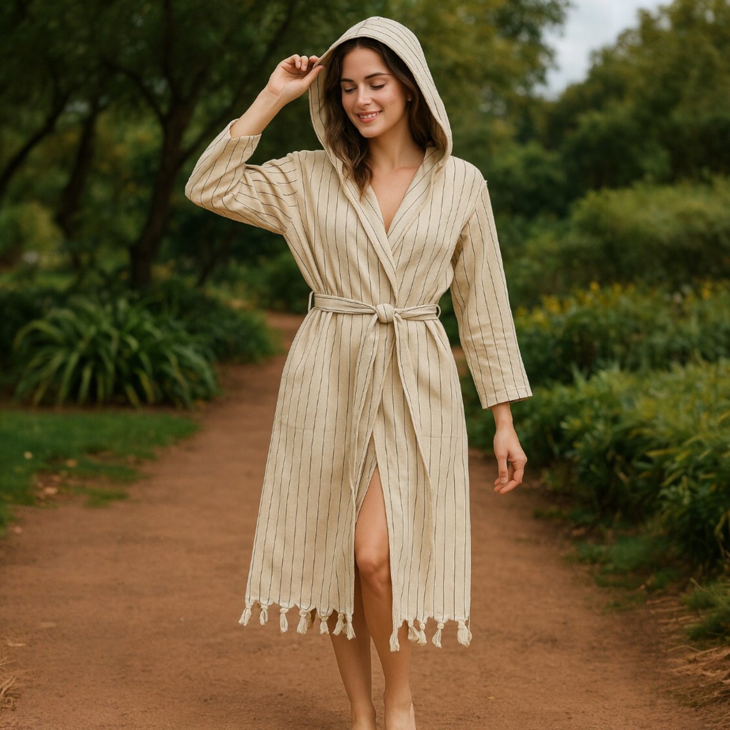 Handmade Natural Cotton Turkish Towel Pestemal Bathrobe – Ecru Stripe (Unisex)