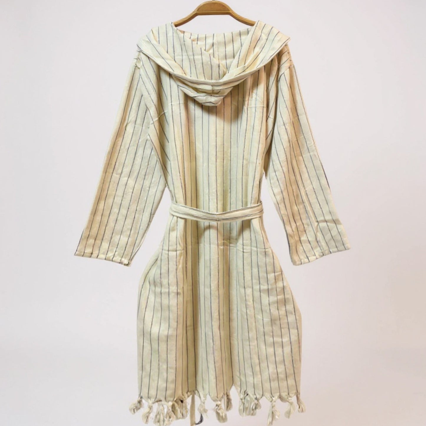 Handmade Natural Cotton Turkish Towel Pestemal Bathrobe – Ecru Stripe (Unisex)