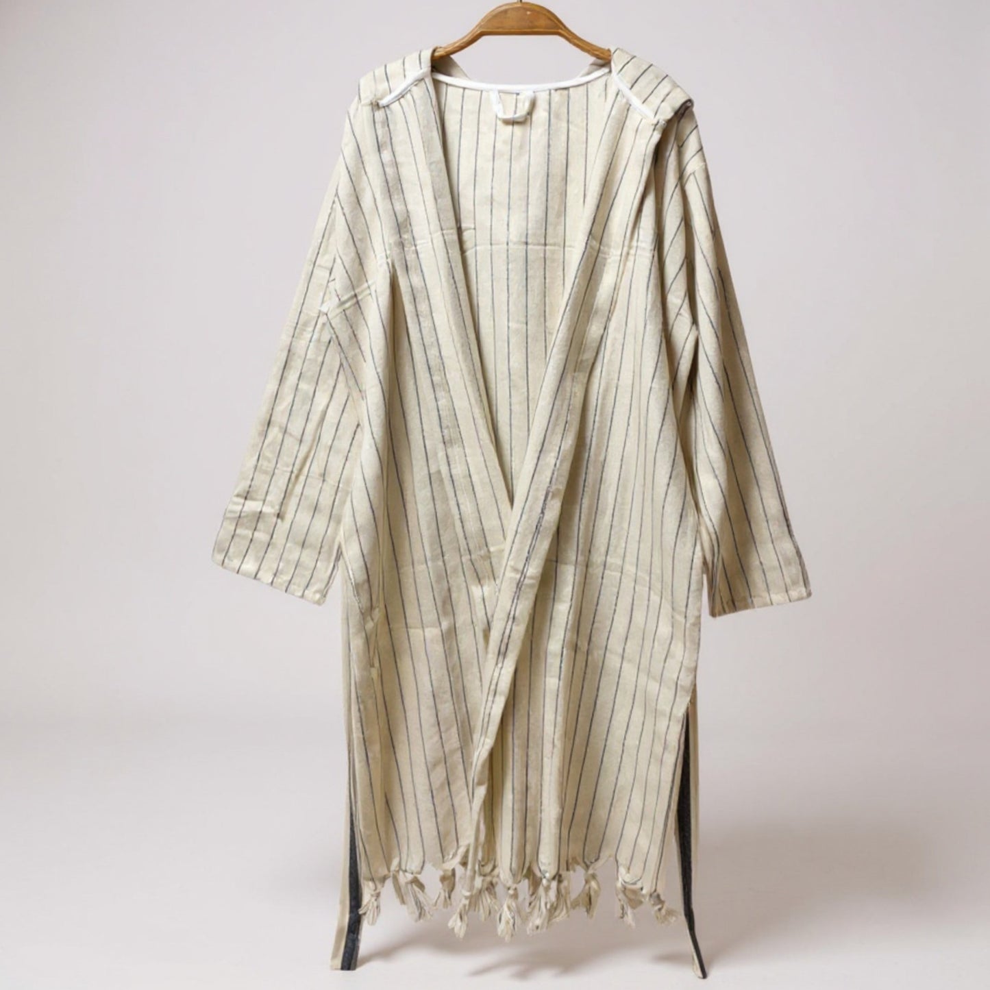 Handmade Natural Cotton Turkish Towel Pestemal Bathrobe – Ecru Stripe (Unisex)