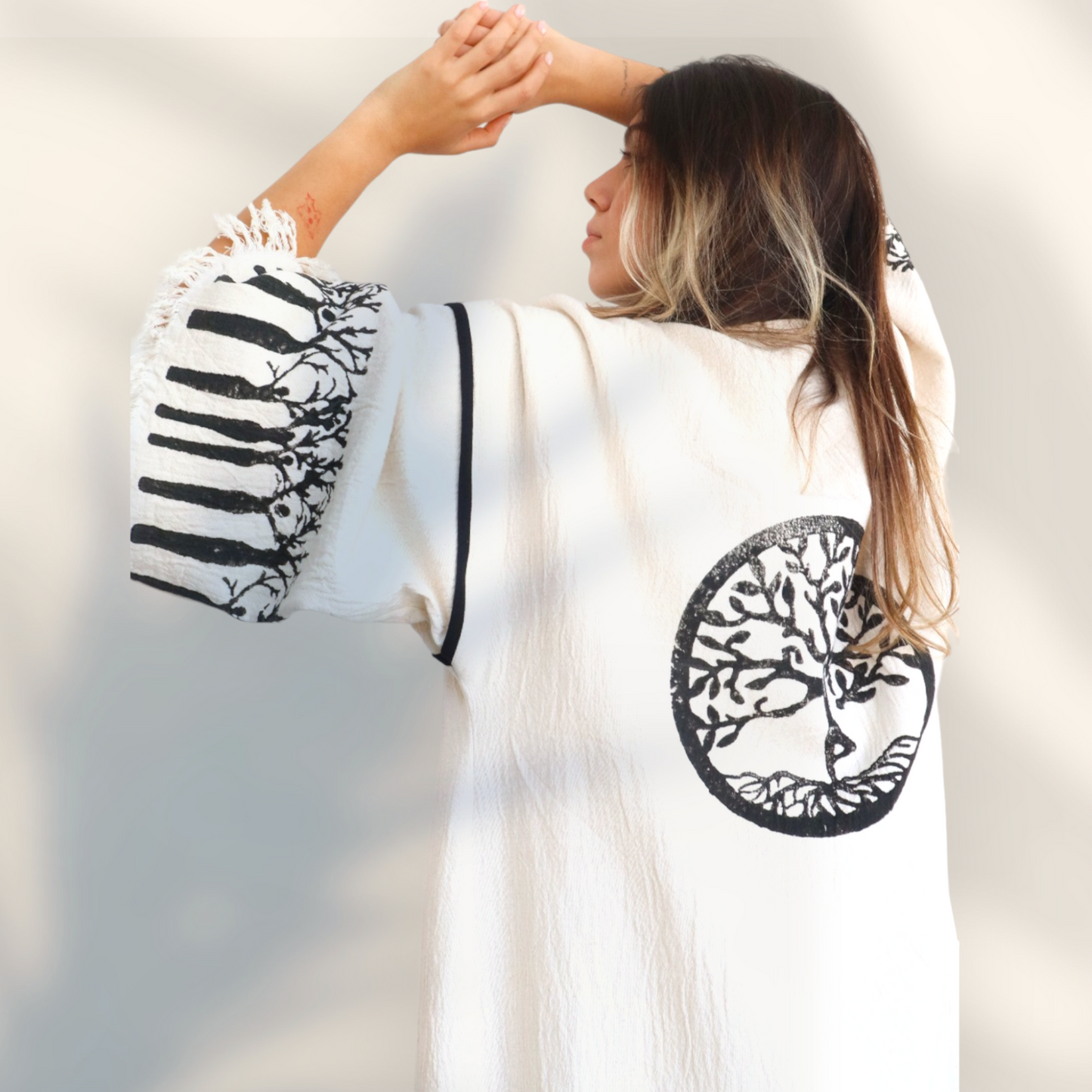 Handmade Natural Turkish Cotton Block Print Kimono Tree of Life