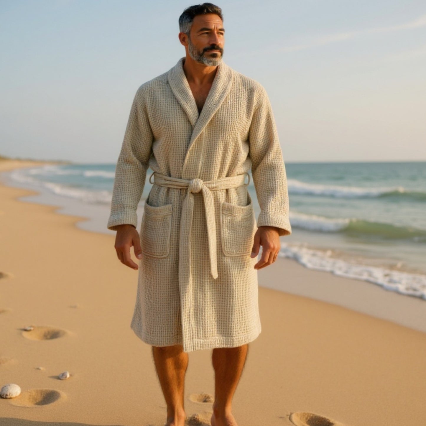 Handmade Waffle Weave Turkish Towel Men’s Bathrobe – Beige & Grey