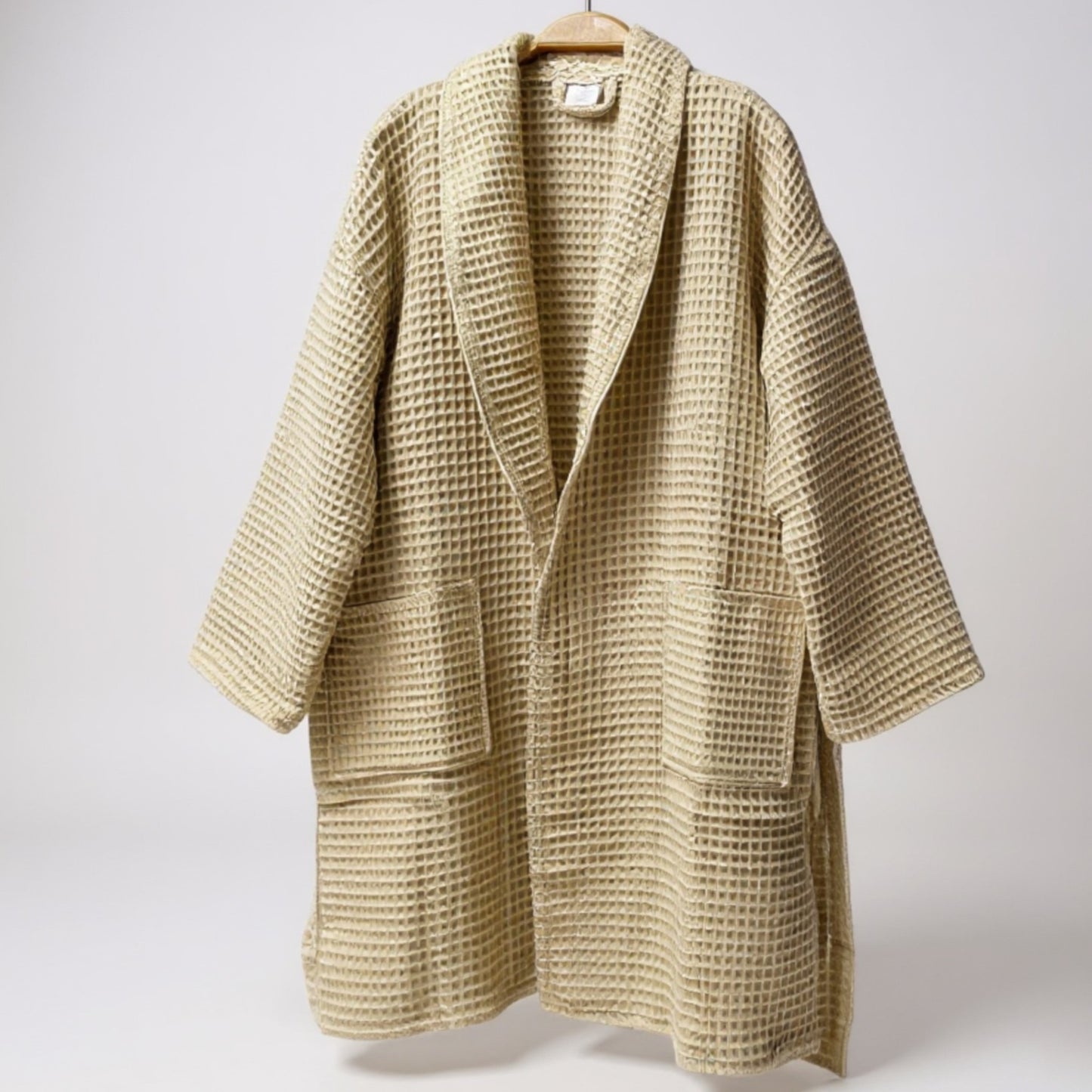Handmade Waffle Weave Turkish Towel Men’s Bathrobe – Beige & Grey