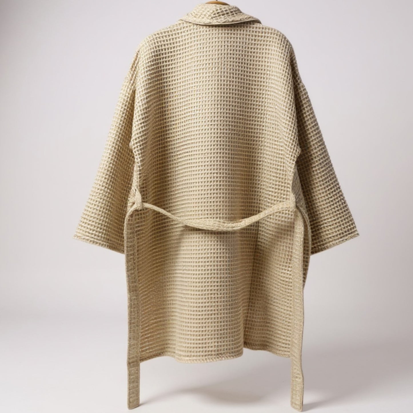 Handmade Waffle Weave Turkish Towel Men’s Bathrobe – Beige & Grey