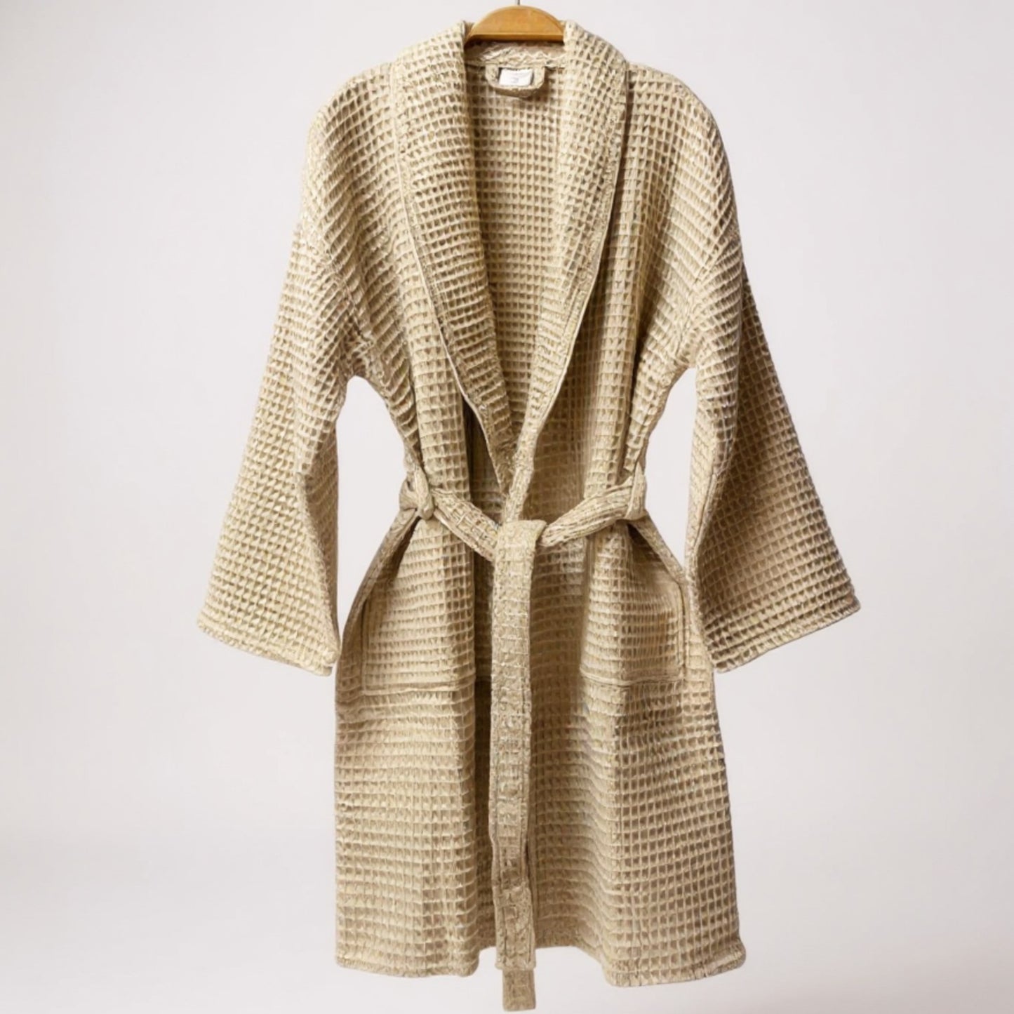 Handmade Waffle Weave Turkish Towel Men’s Bathrobe – Beige & Grey