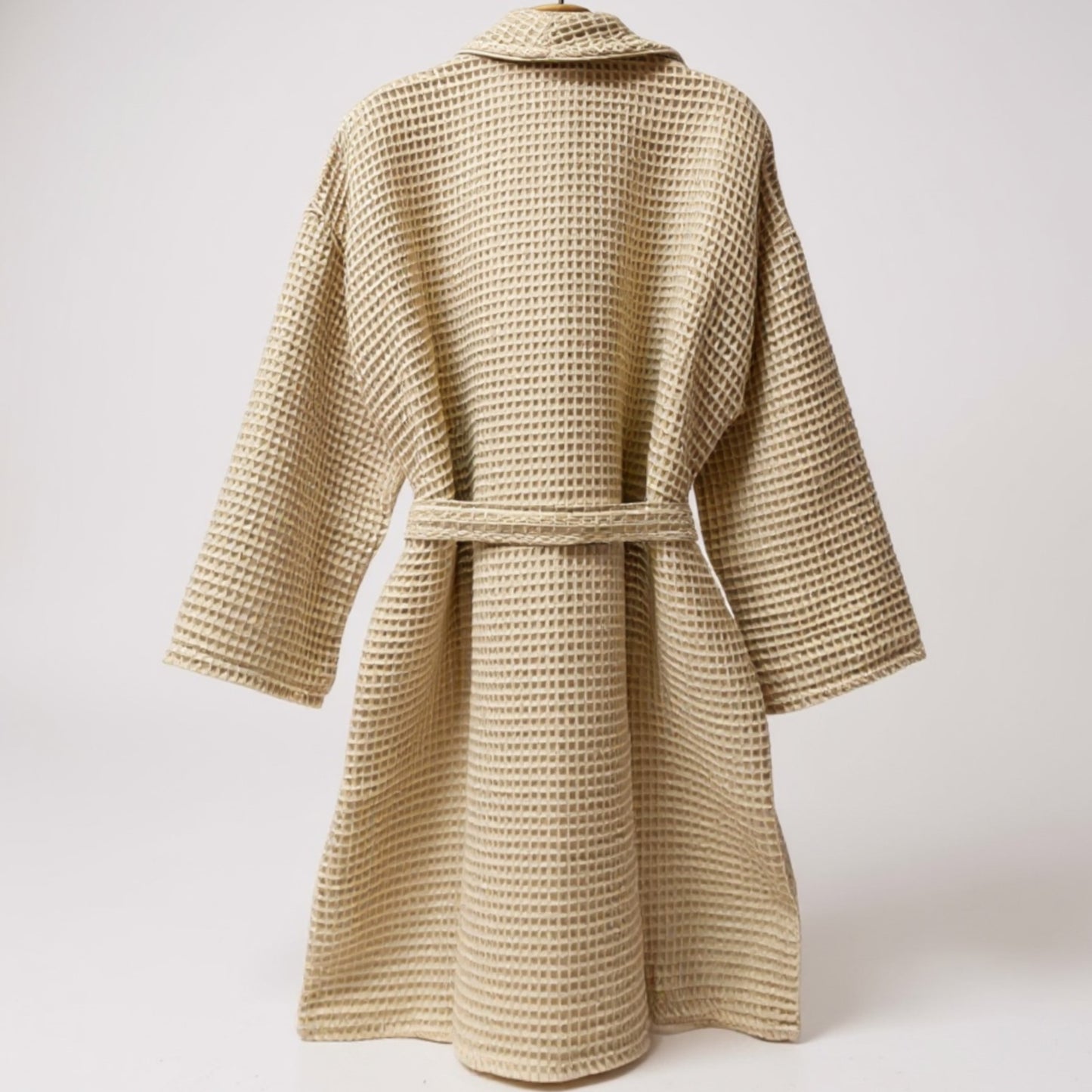 Handmade Waffle Weave Turkish Towel Men’s Bathrobe – Beige & Grey