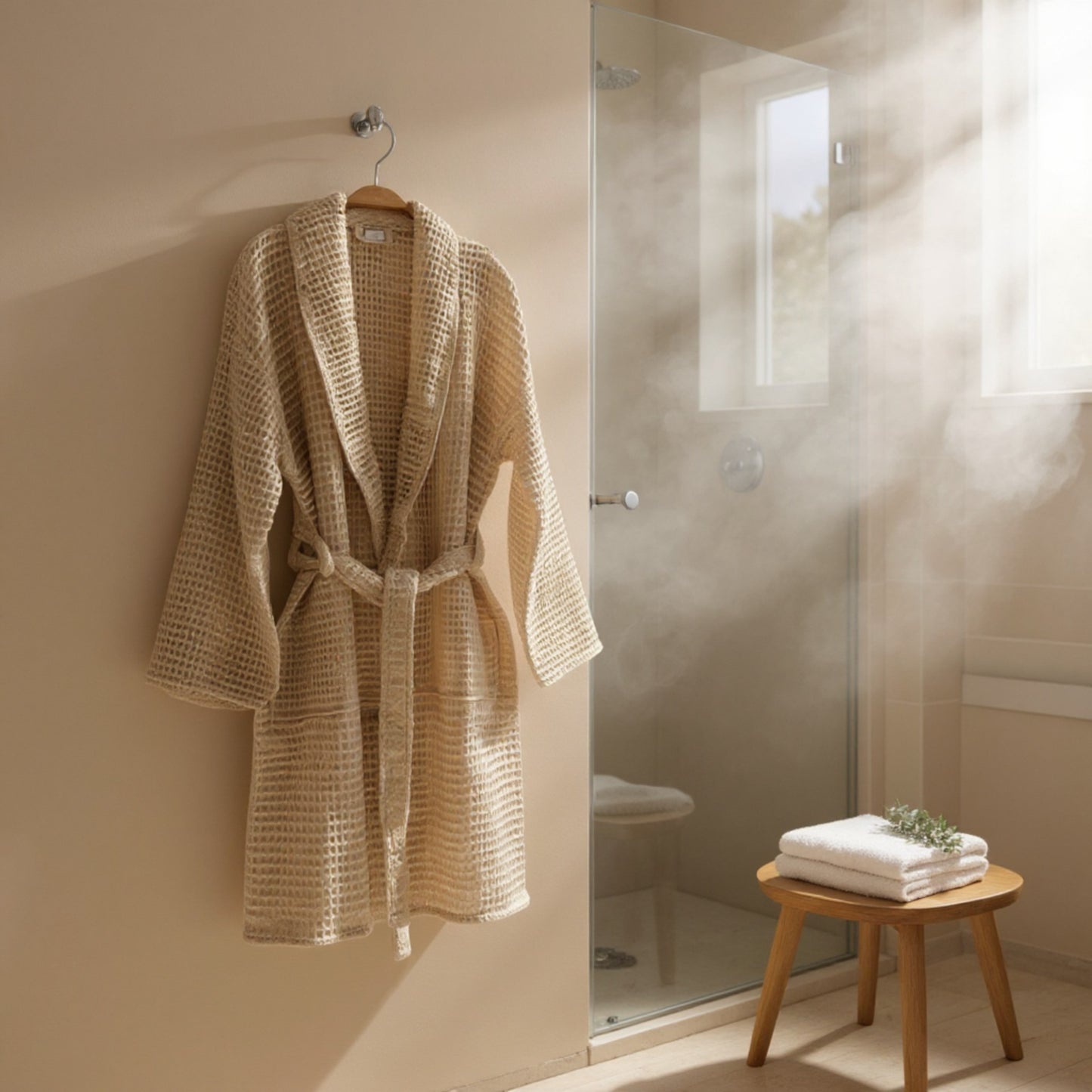 Handmade Waffle Weave Turkish Towel Men’s Bathrobe – Beige & Grey