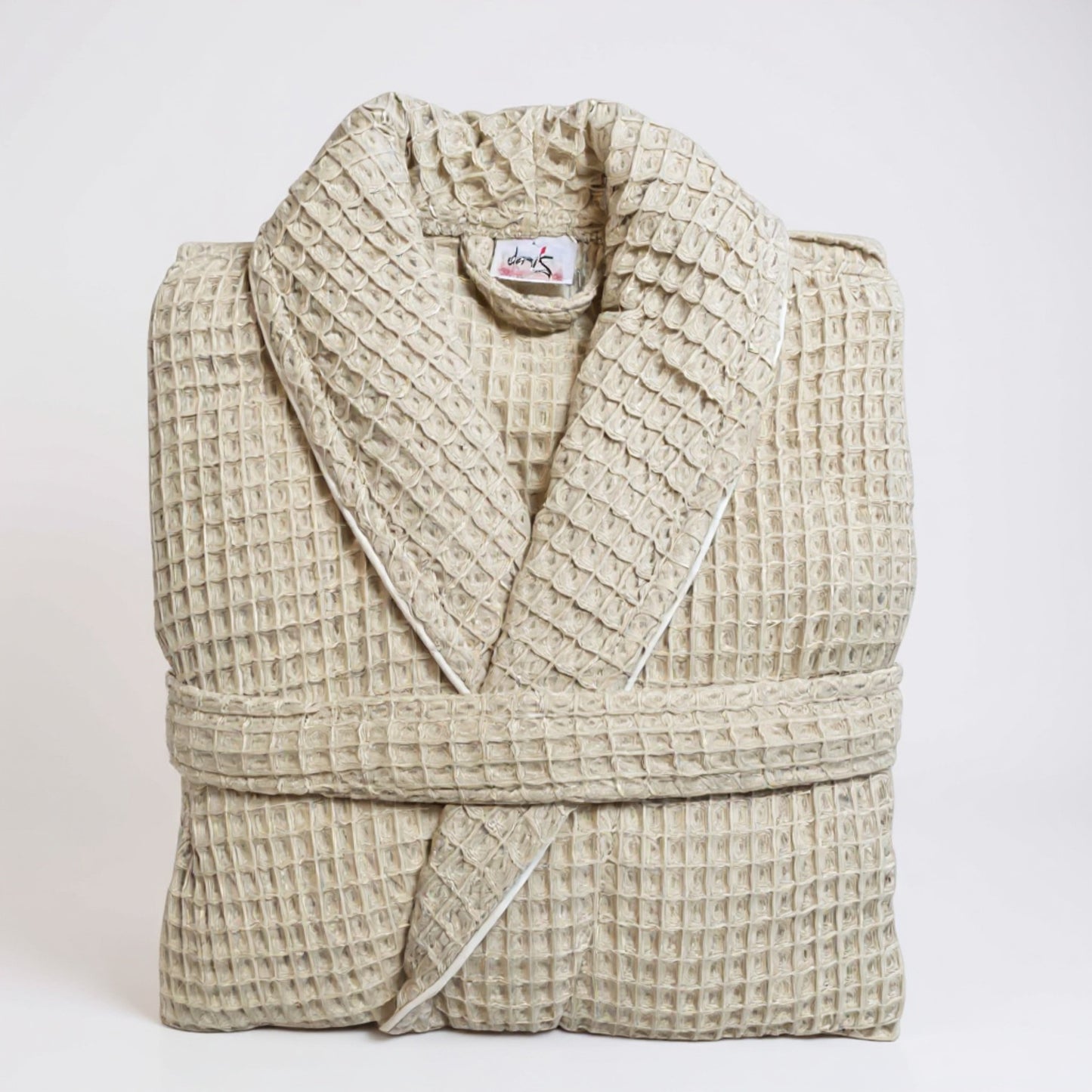 Handmade handwoven waffle design Turkish towel men’s bathrobe in beige and grey, ultra-lightweight and absorbent