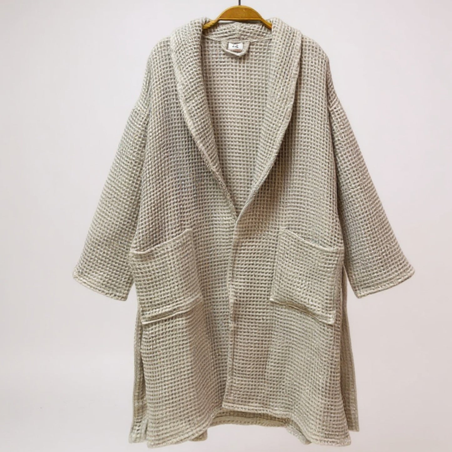 Handmade handwoven waffle design Turkish towel men’s bathrobe in beige and grey, ultra-lightweight and absorbent