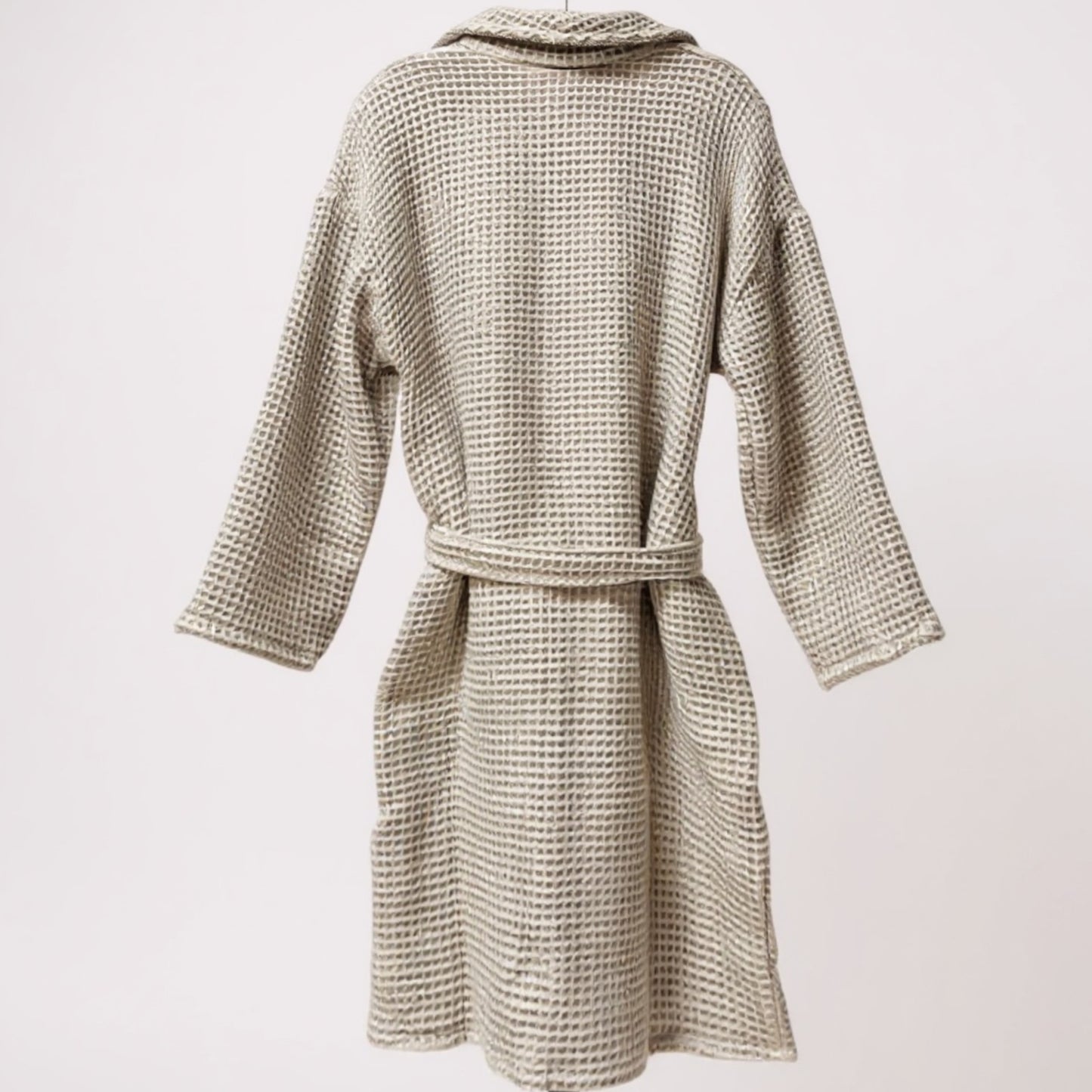 Handmade Waffle Weave Turkish Towel Men’s Bathrobe – Beige & Grey