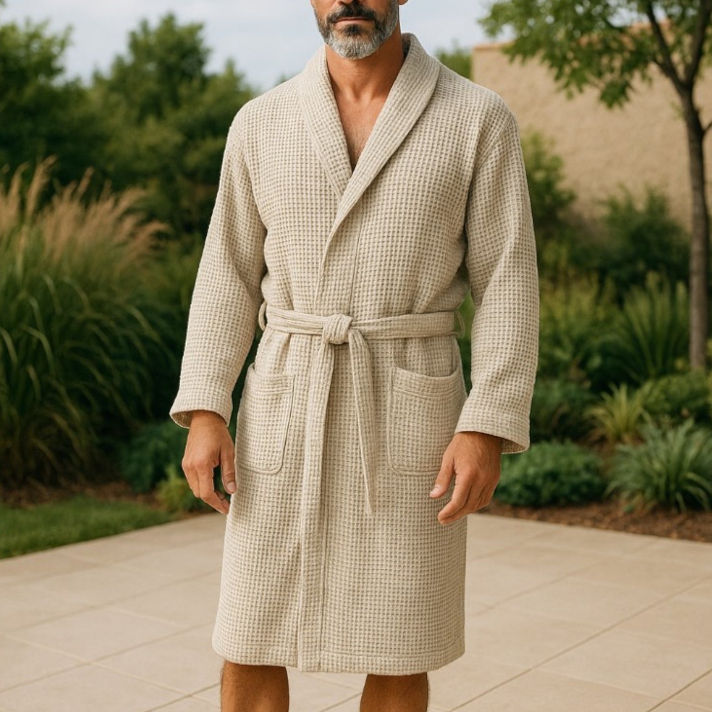 Handmade Waffle Weave Turkish Towel Men’s Bathrobe – Beige & Grey