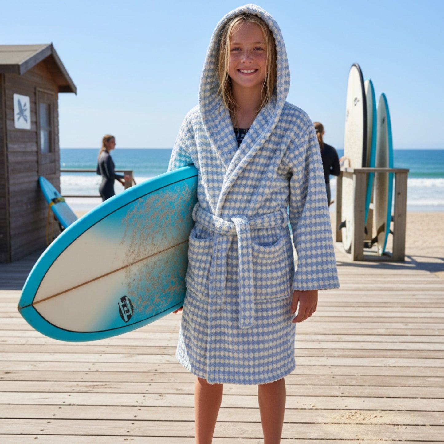Handwoven Natural Turkish Cotton Terry Kids Bathrobe – PomPom Design Baby Blue
