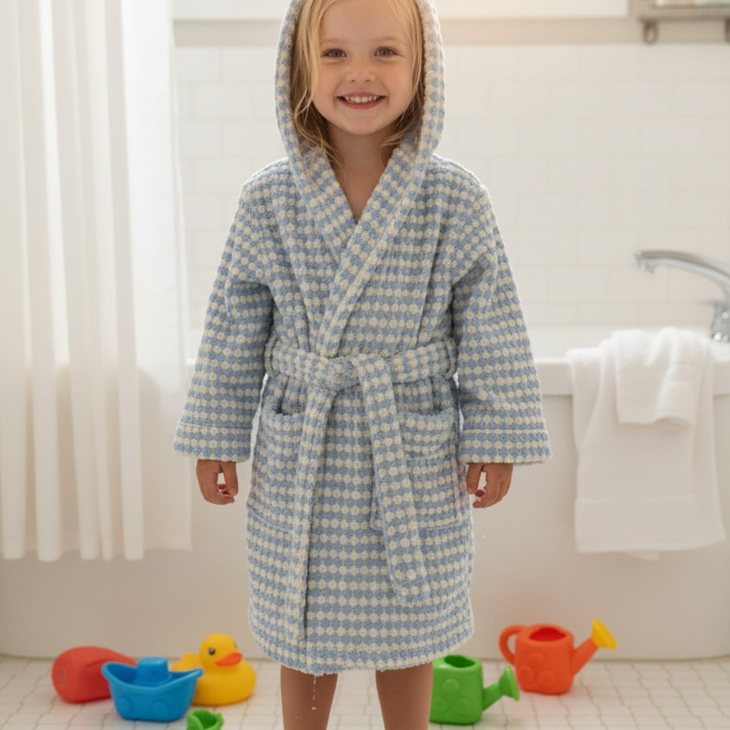 Handwoven Natural Turkish Cotton Terry Kids Bathrobe – PomPom Design Baby Blue