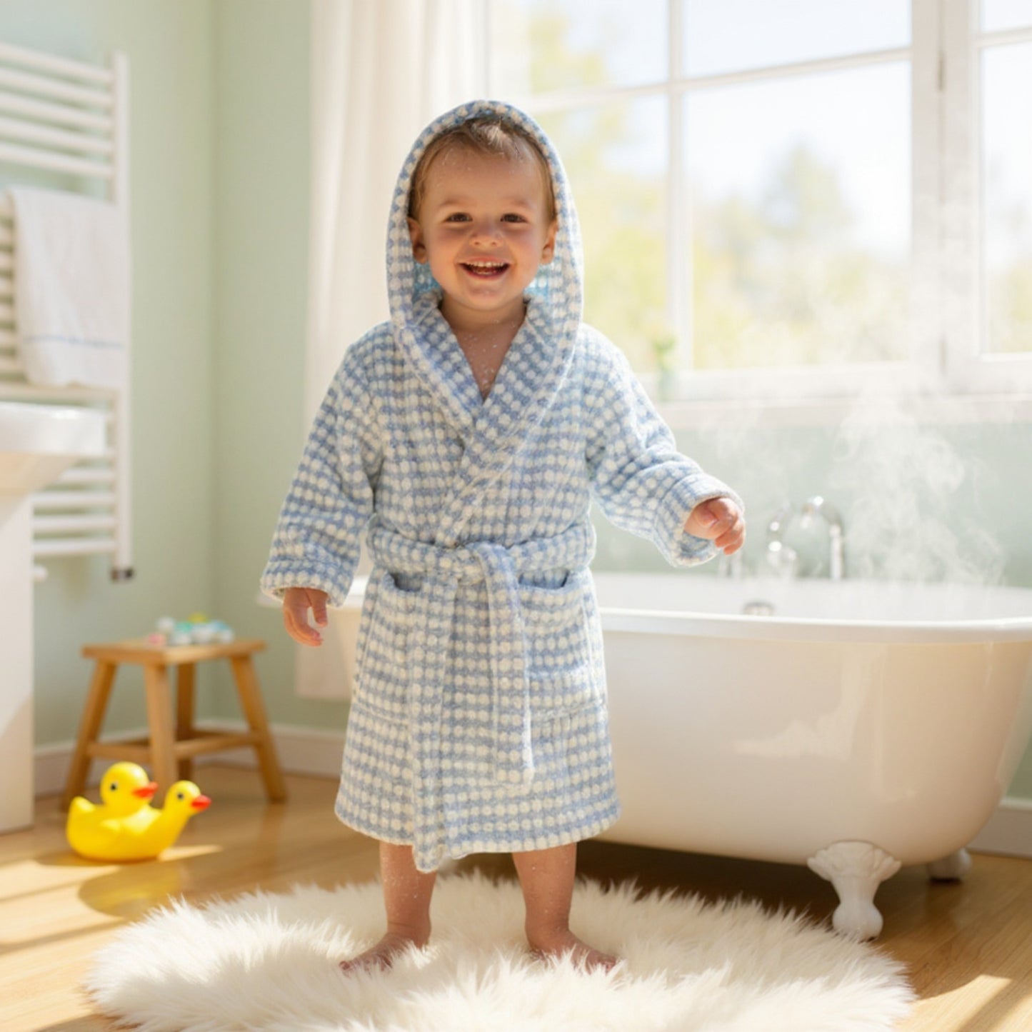 Handwoven Natural Turkish Cotton Terry Kids Bathrobe – PomPom Design Baby Blue