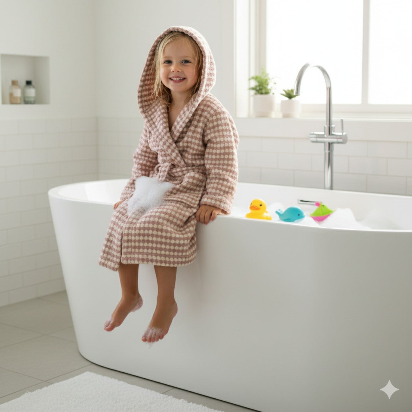 Handwoven Natural Turkish Cotton Terry Kids Bathrobe – PomPom Design Rose Pink