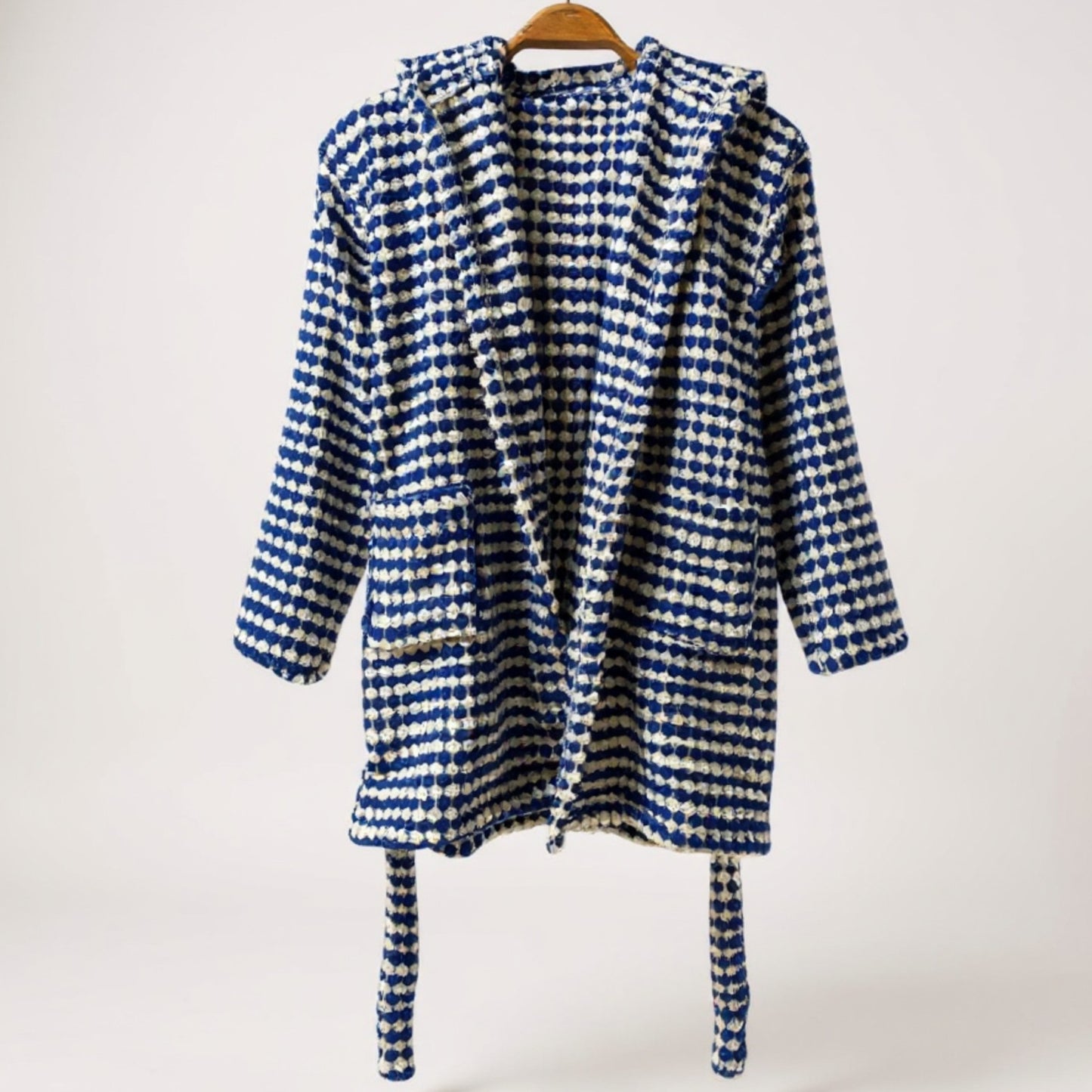 Handmade handwoven Turkish cotton terry towel kids bathrobe with PomPom design, ultra-soft, absorbent, natural and safe for children