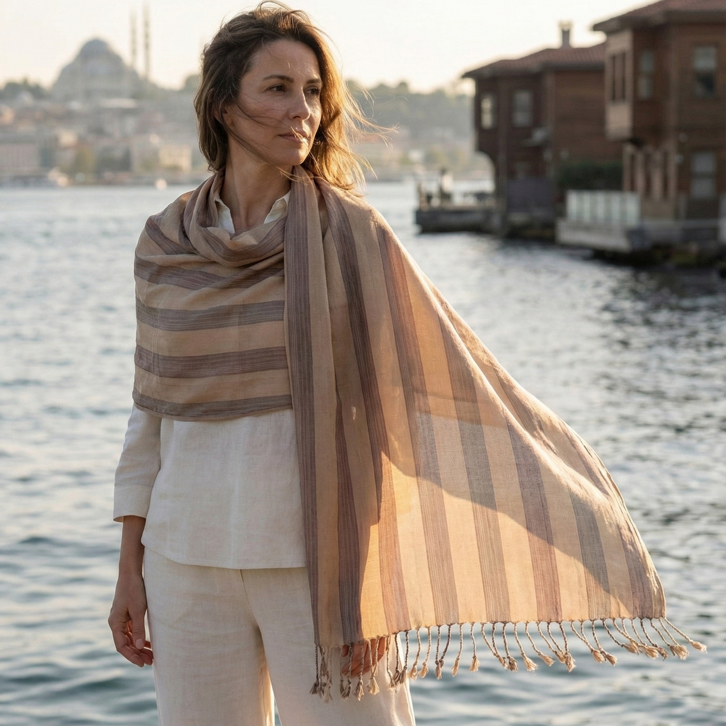 Woman wearing a striped Handwoven Anatolian Silk Scarf – Limited Heritage Collection by a waterfront with houses in the background