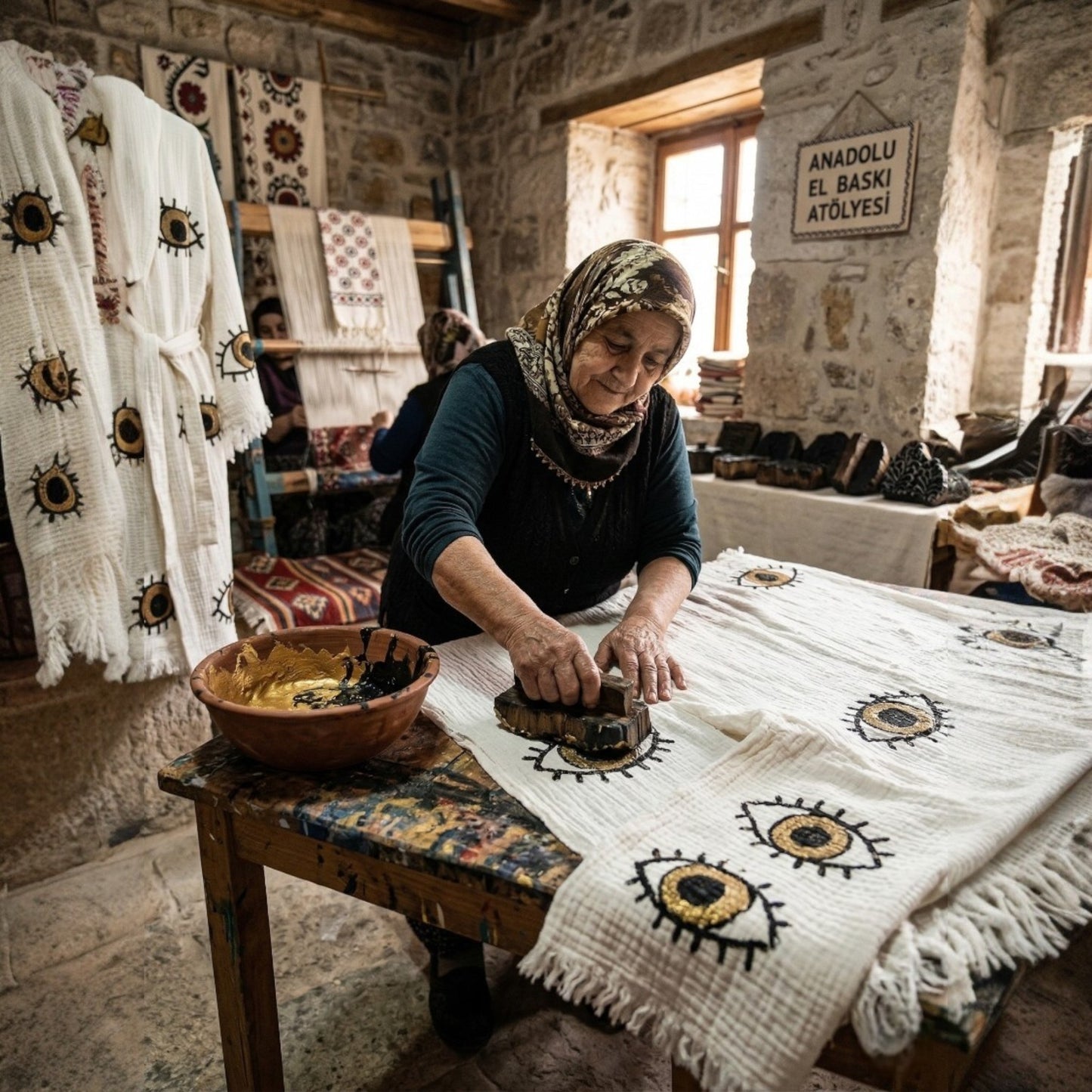Woman working on a textile in a traditional setting with woven fabrics and stone walls to produce Hooded Turkish Towel Kimono Robe – Handwoven Muslin Cotton, Brown Evil Eye Design