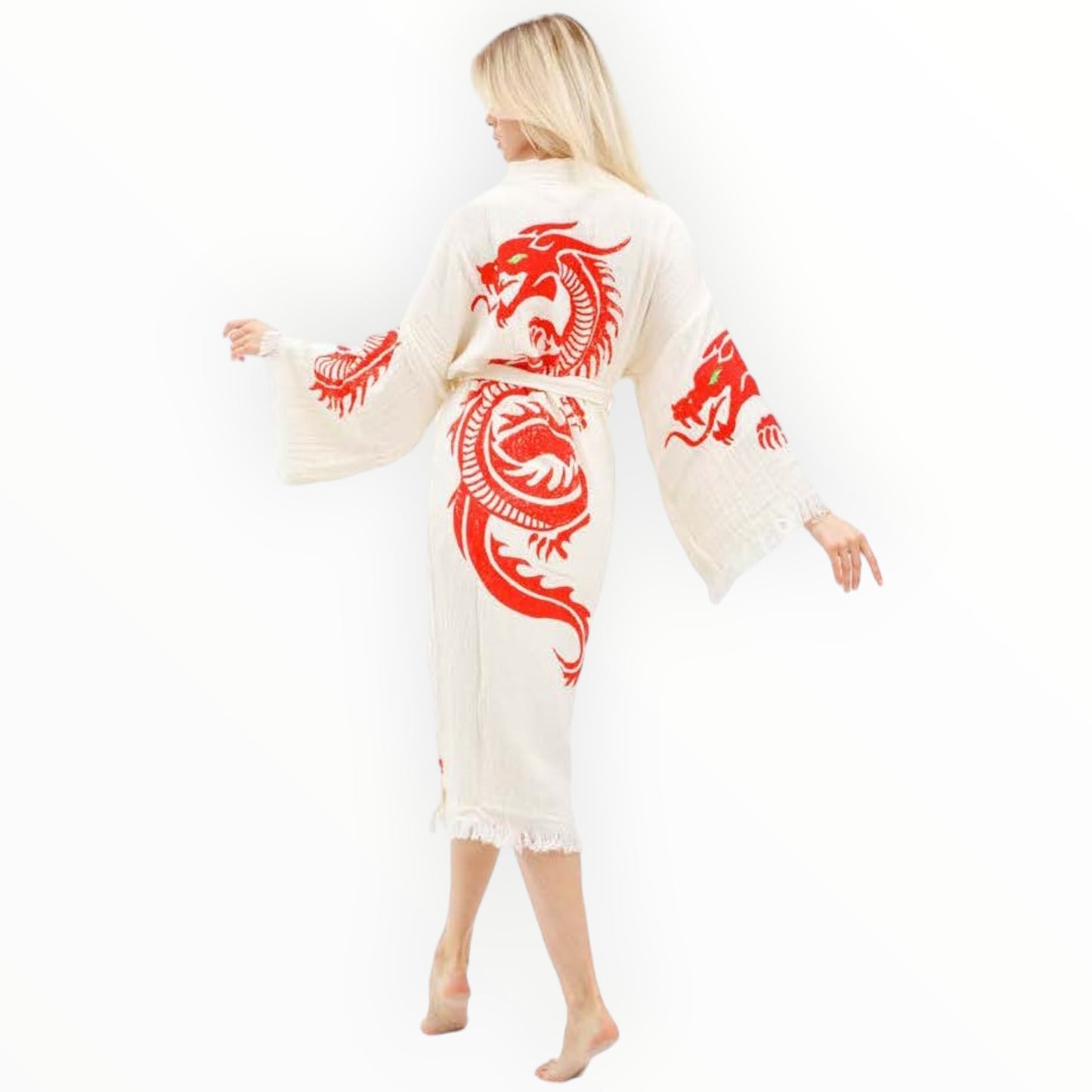 Hand-Made Block Print Dragon Design Turkish Towel Kimono Robe Kaftan