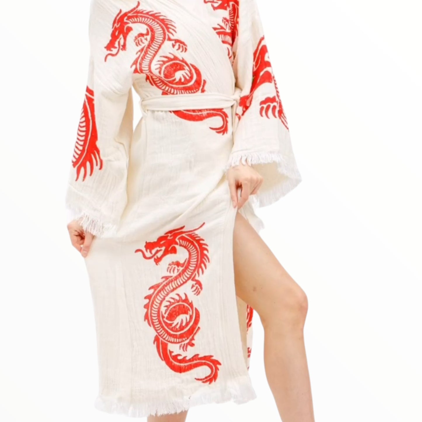 Hand-Made Block Print Dragon Design Turkish Towel Kimono Robe Kaftan