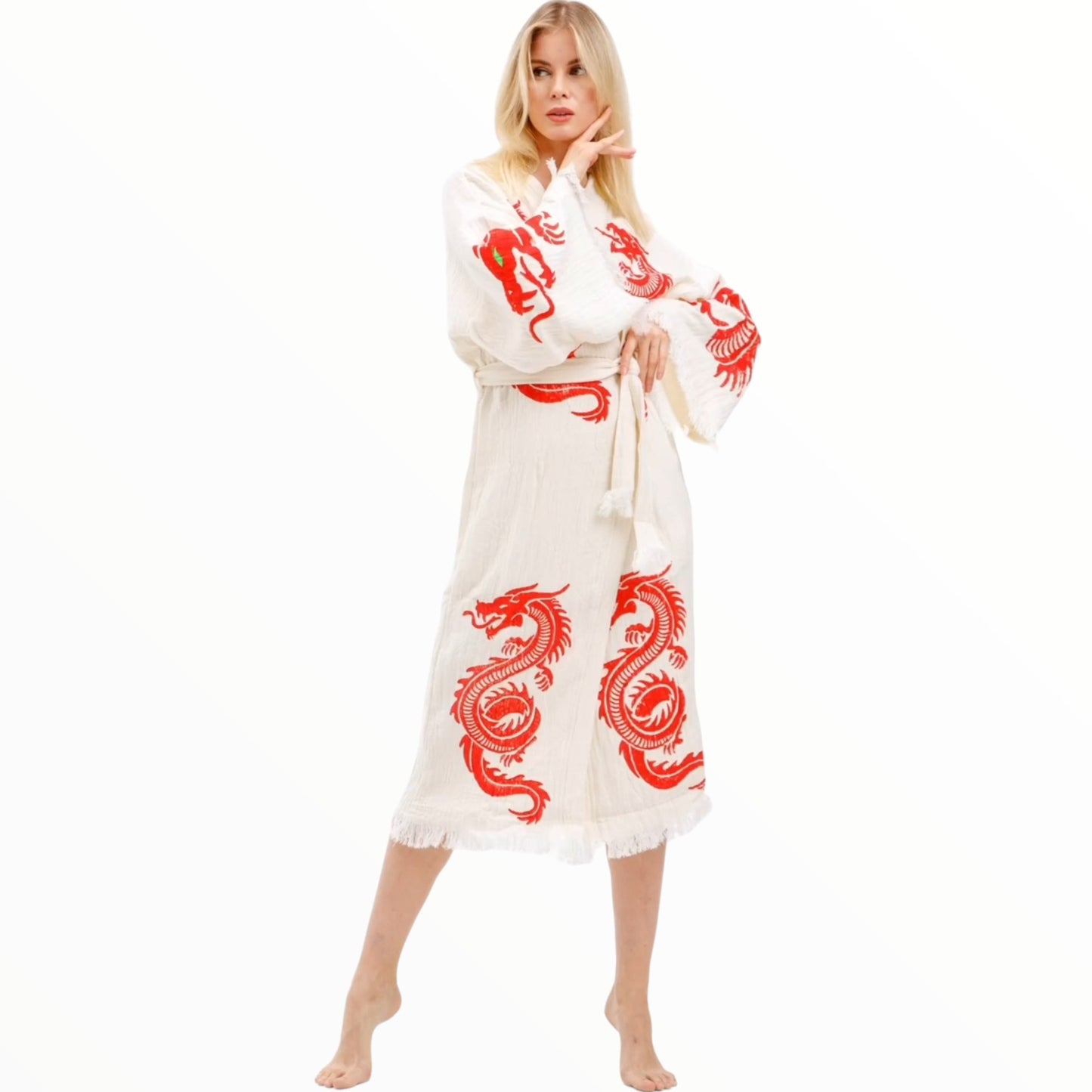 Hand-Made Block Print Dragon Design Turkish Towel Kimono Robe Kaftan