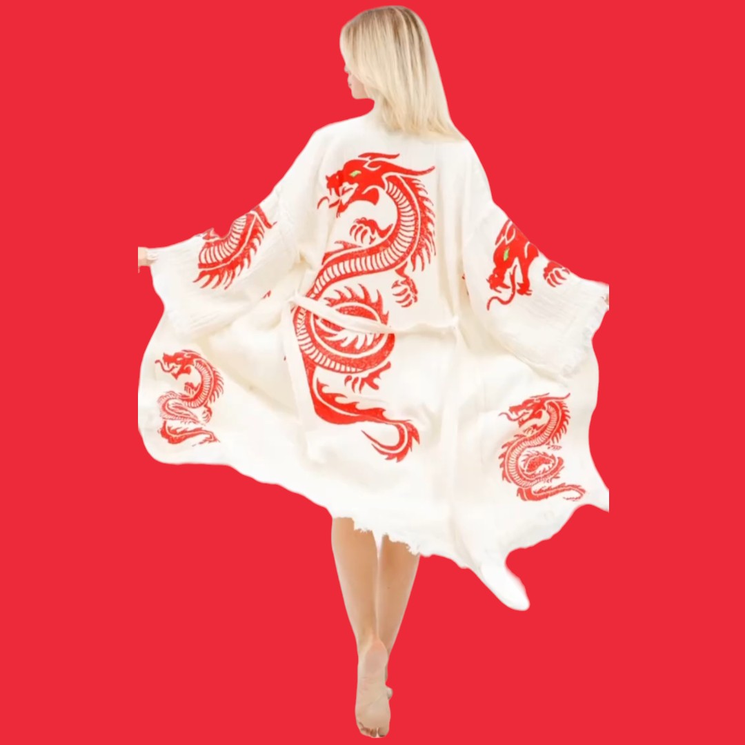 Hand-Made Block Print Dragon Design Turkish Towel Kimono Robe Kaftan