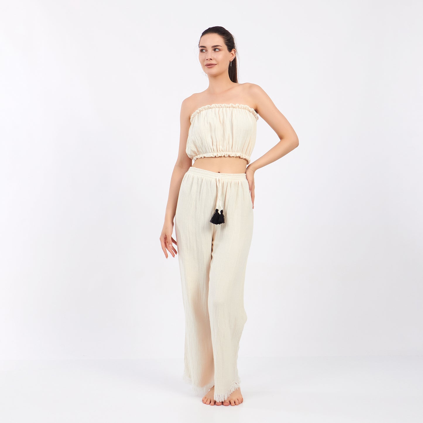 Natural Cotton Bustier Blouse Pants Set