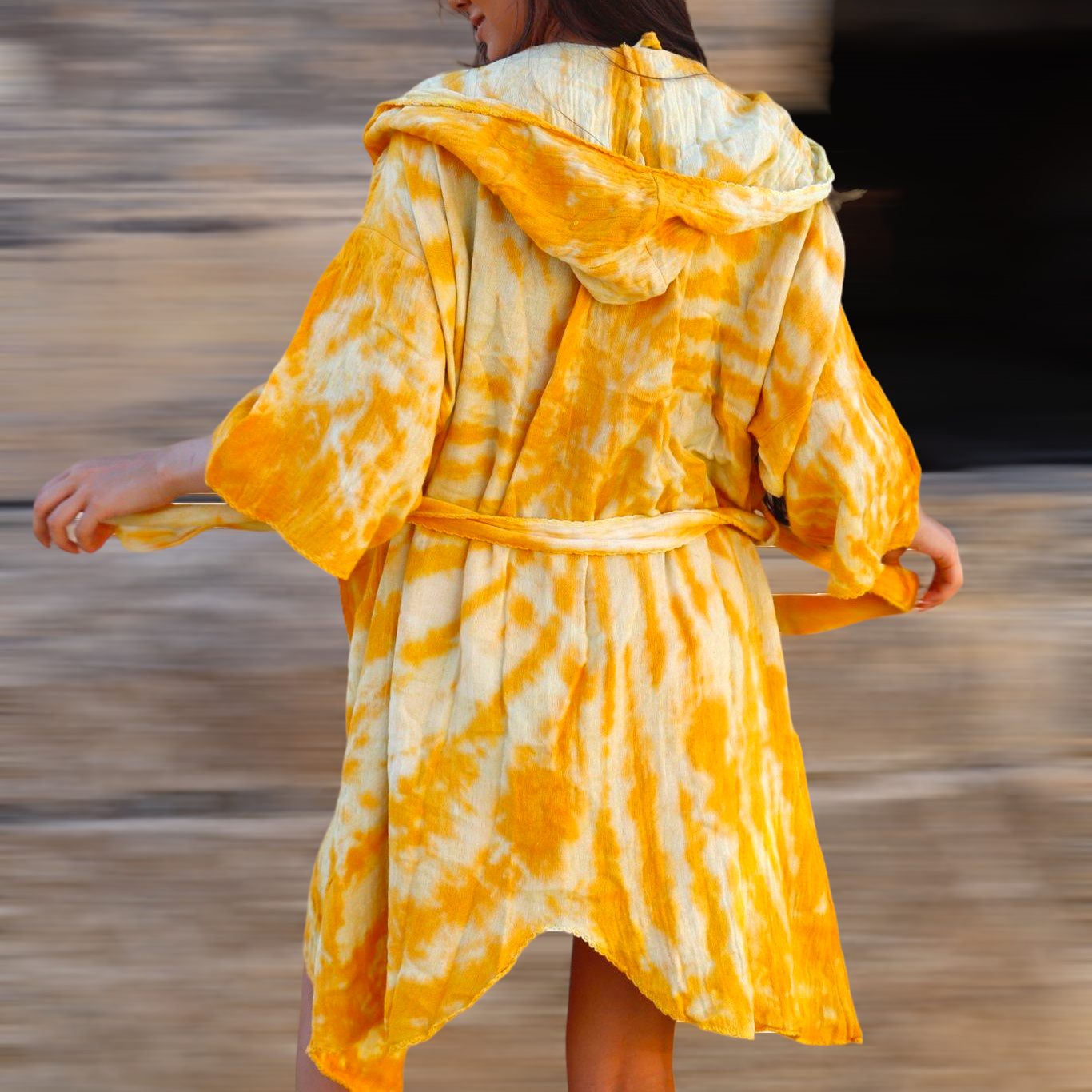 Natural Cotton Hand Woven Tie Dye Golden Beach Kimono Kaftan