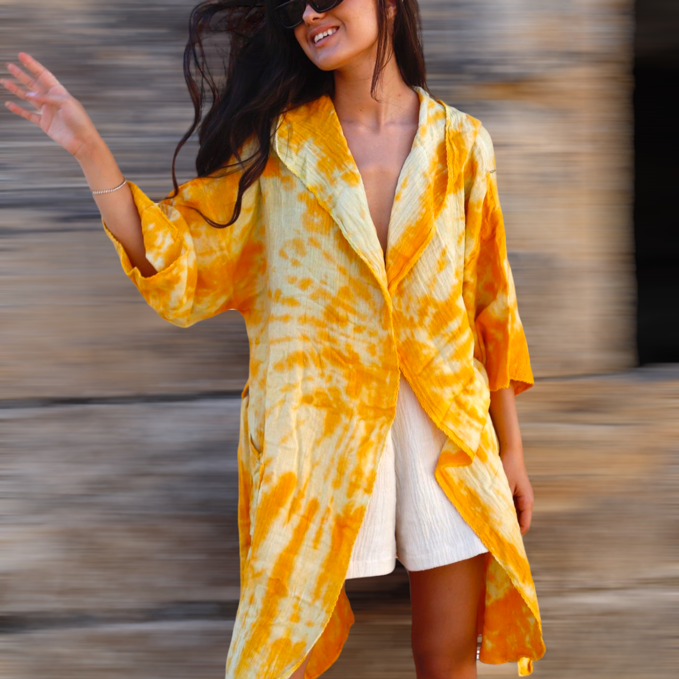 Natural Cotton Hand Woven Tie Dye Golden Beach Kimono Kaftan