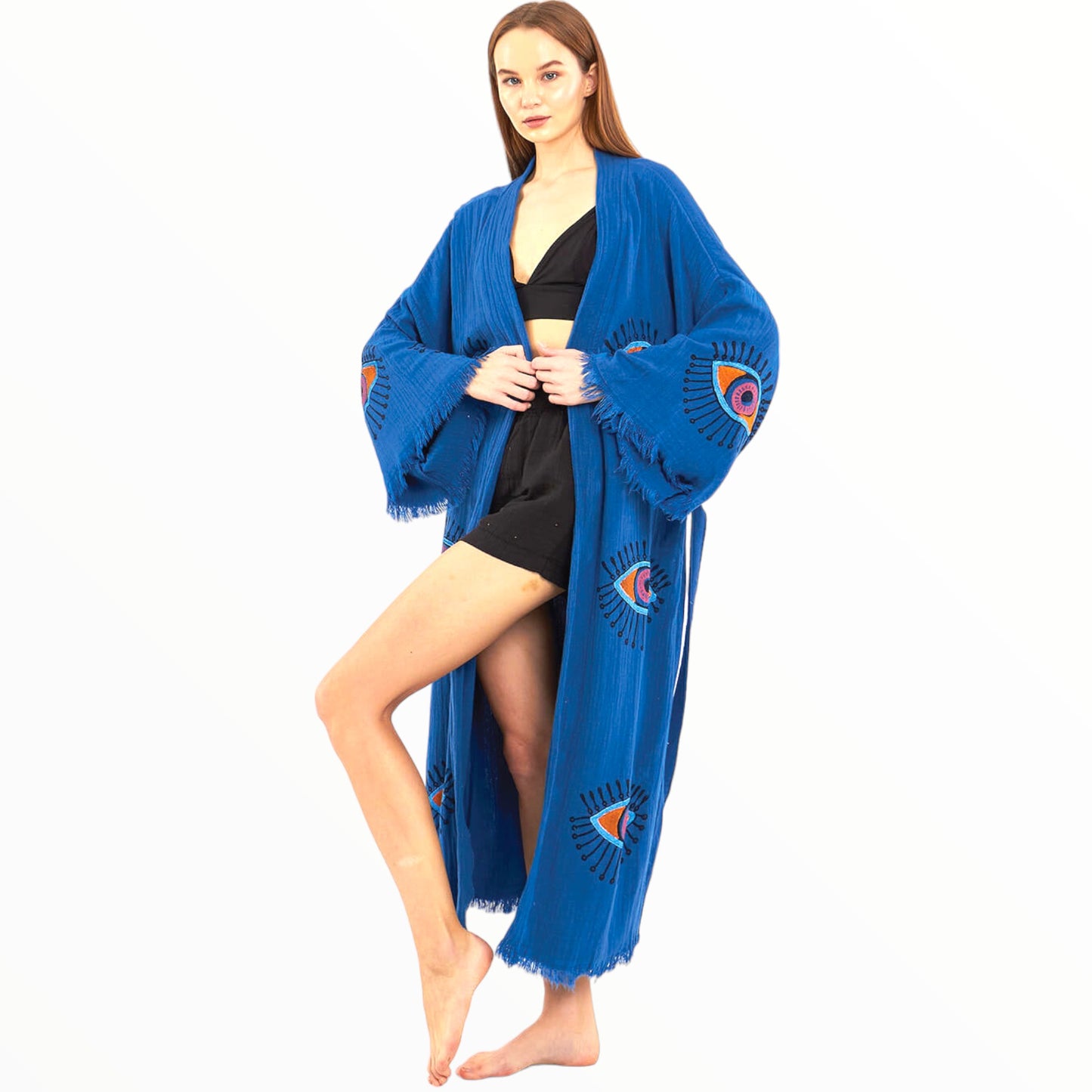 Hand-Made Block Print Evil Eye Turkish Towel Kimono Robe Kaftan