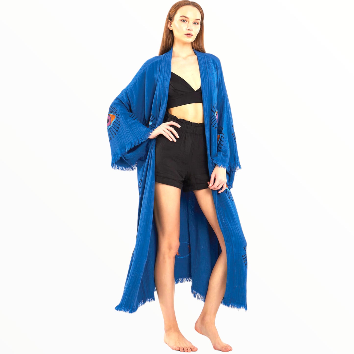 Hand-Made Block Print Evil Eye Turkish Towel Kimono Robe Kaftan