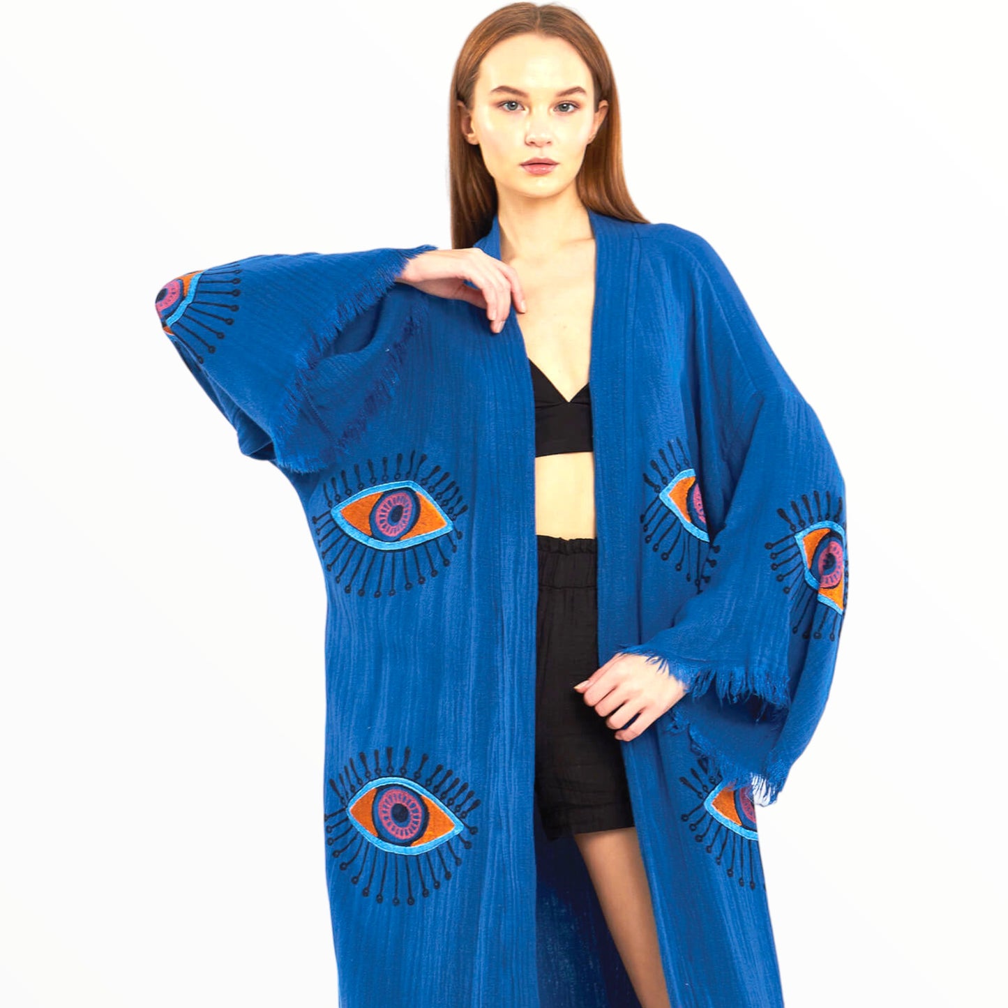 Hand-Made Block Print Evil Eye Turkish Towel Kimono Robe Kaftan