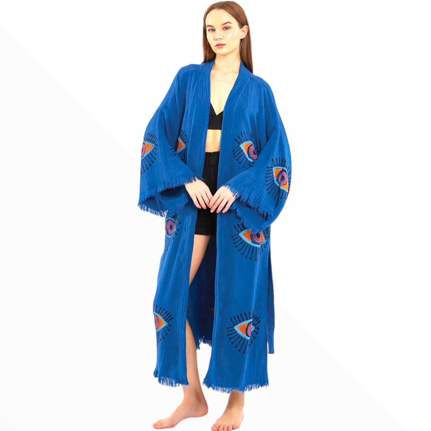 Hand-Made Block Print Evil Eye Turkish Towel Kimono Robe Kaftan