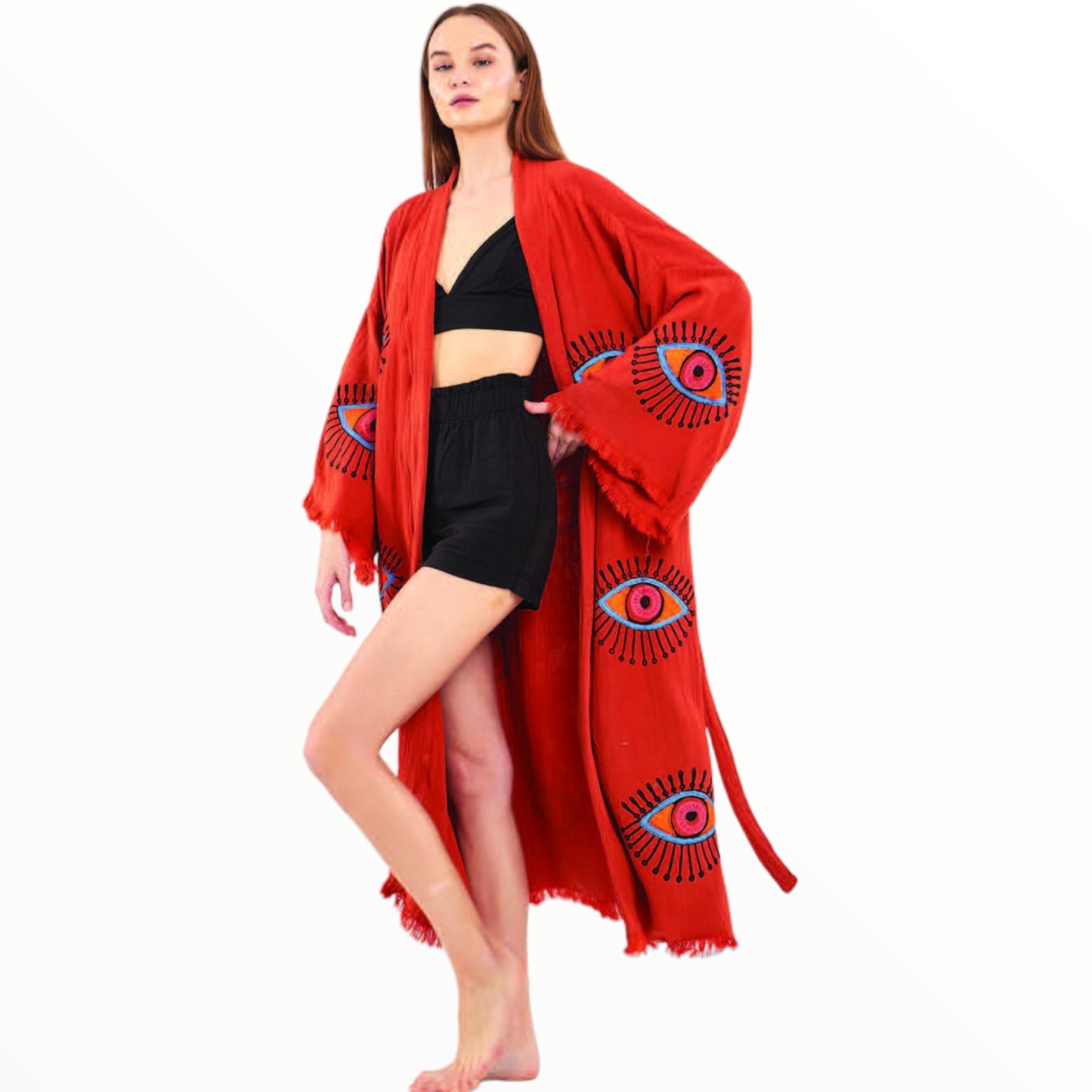 Hand-Made Block Print Evil Eye Turkish Towel Kimono Robe Kaftan