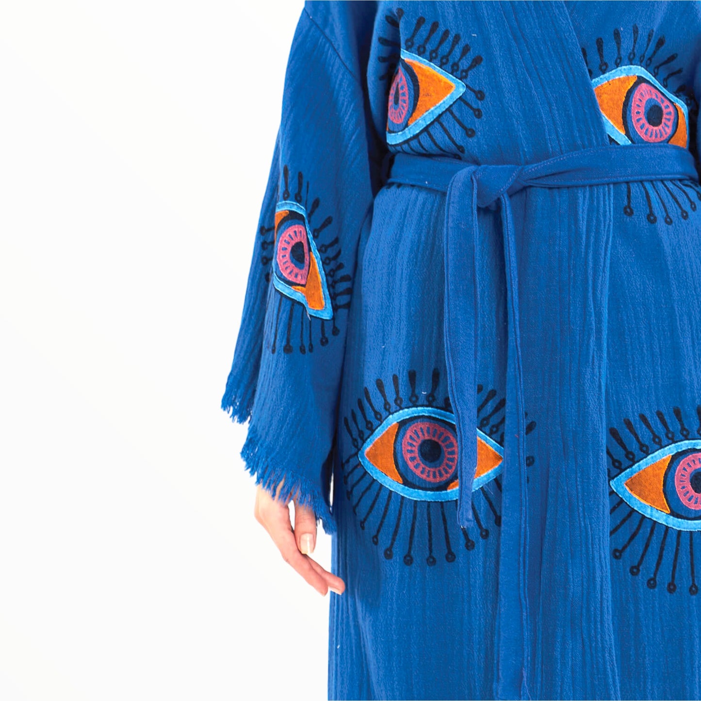 Hand-Made Block Print Evil Eye Turkish Towel Kimono Robe Kaftan