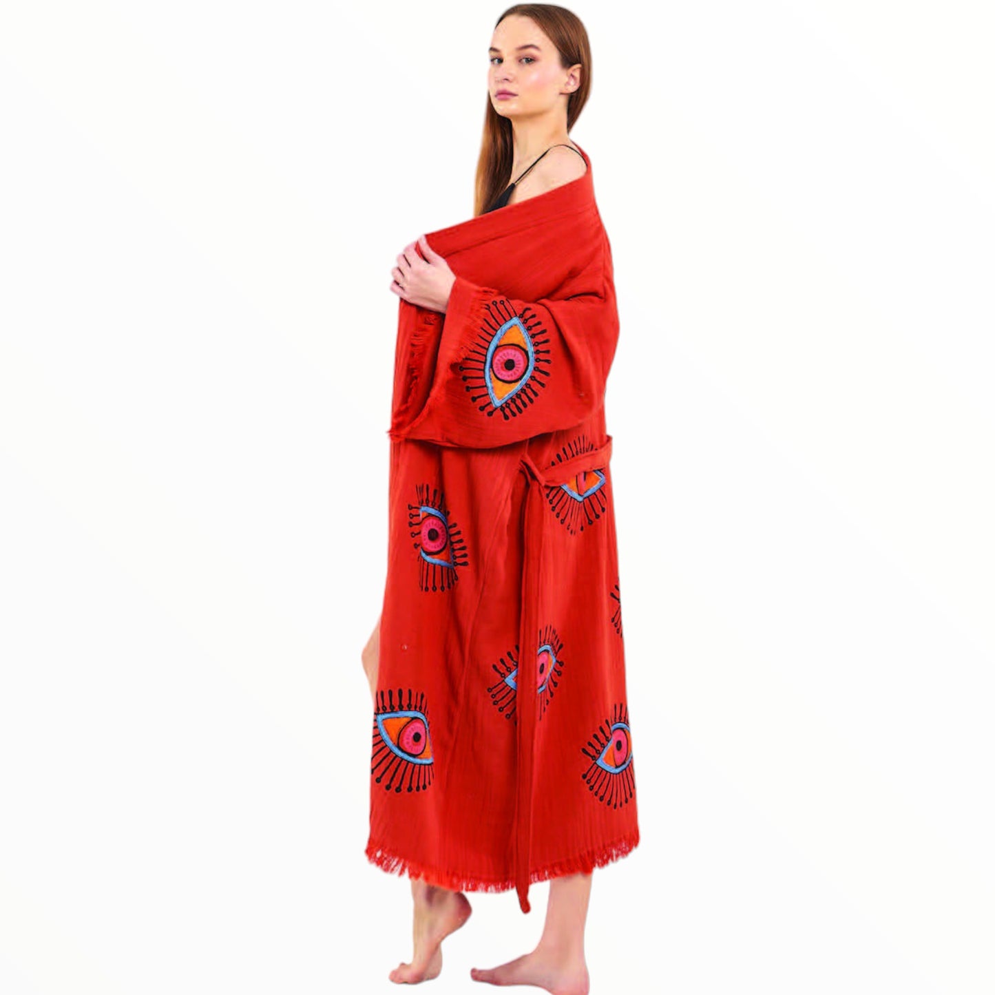 Hand-Made Block Print Evil Eye Turkish Towel Kimono Robe Kaftan