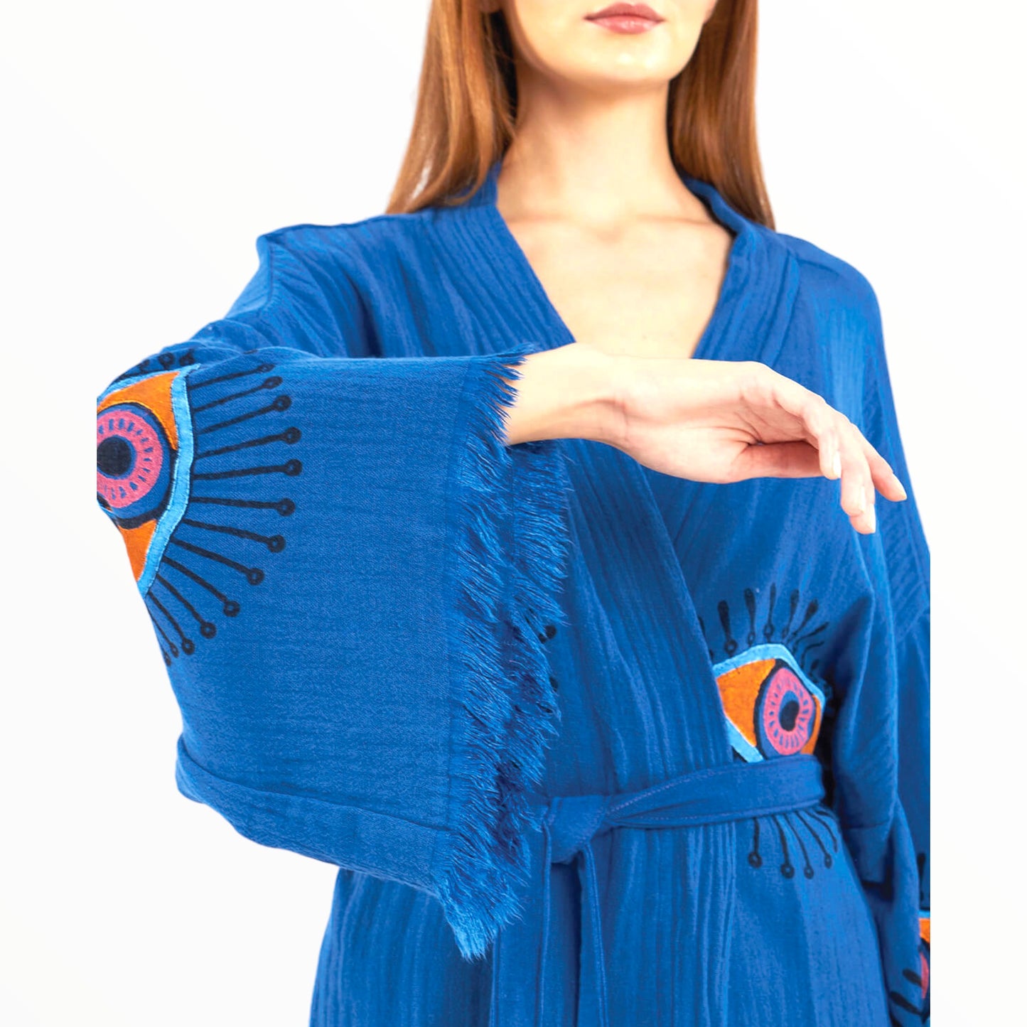 Hand-Made Block Print Evil Eye Turkish Towel Kimono Robe Kaftan