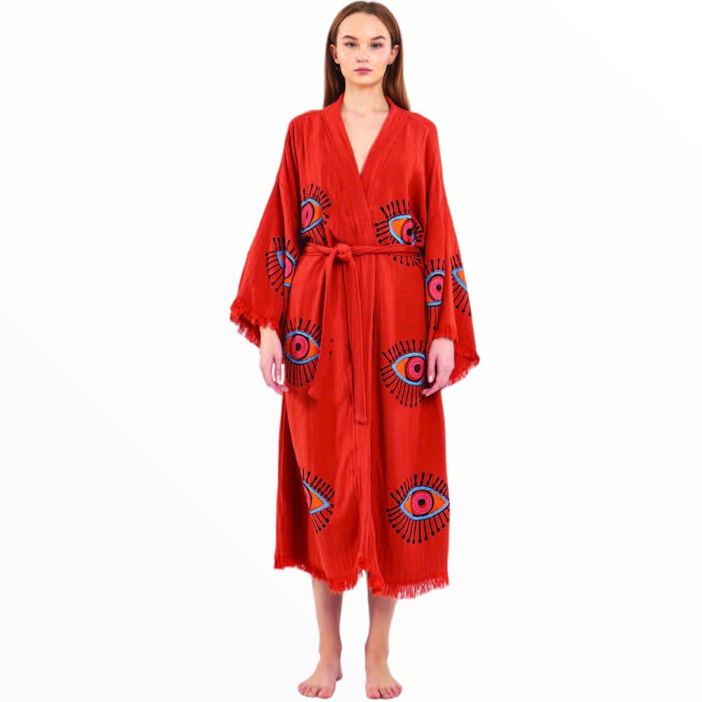 Hand-Made Block Print Evil Eye Turkish Towel Kimono Robe Kaftan