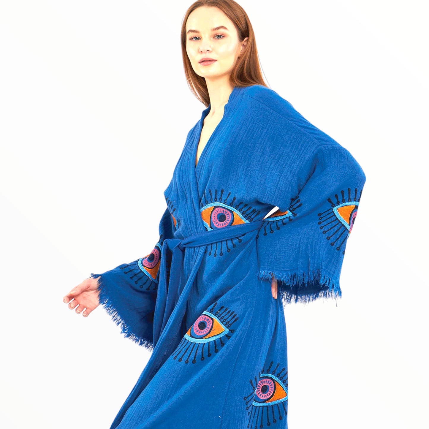 Hand-Made Block Print Evil Eye Turkish Towel Kimono Robe Kaftan