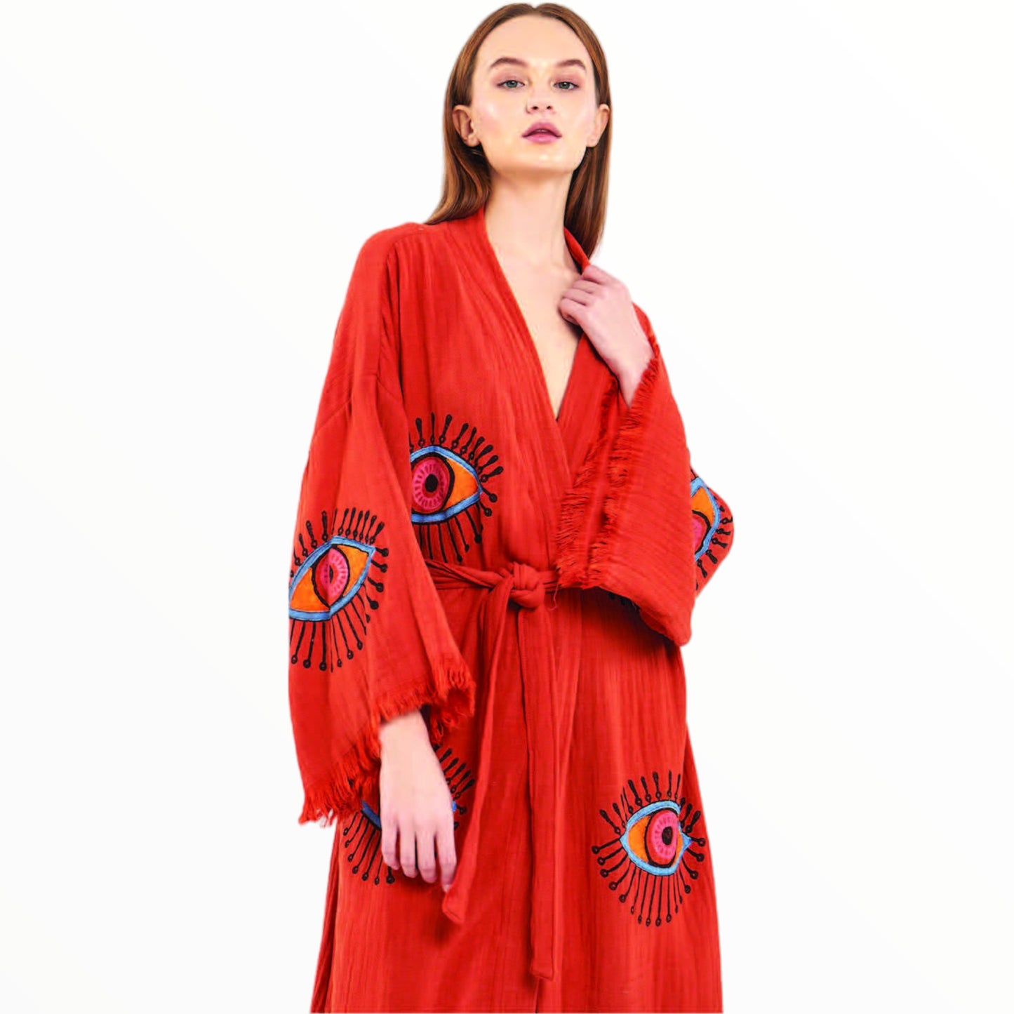 Hand-Made Block Print Evil Eye Turkish Towel Kimono Robe Kaftan