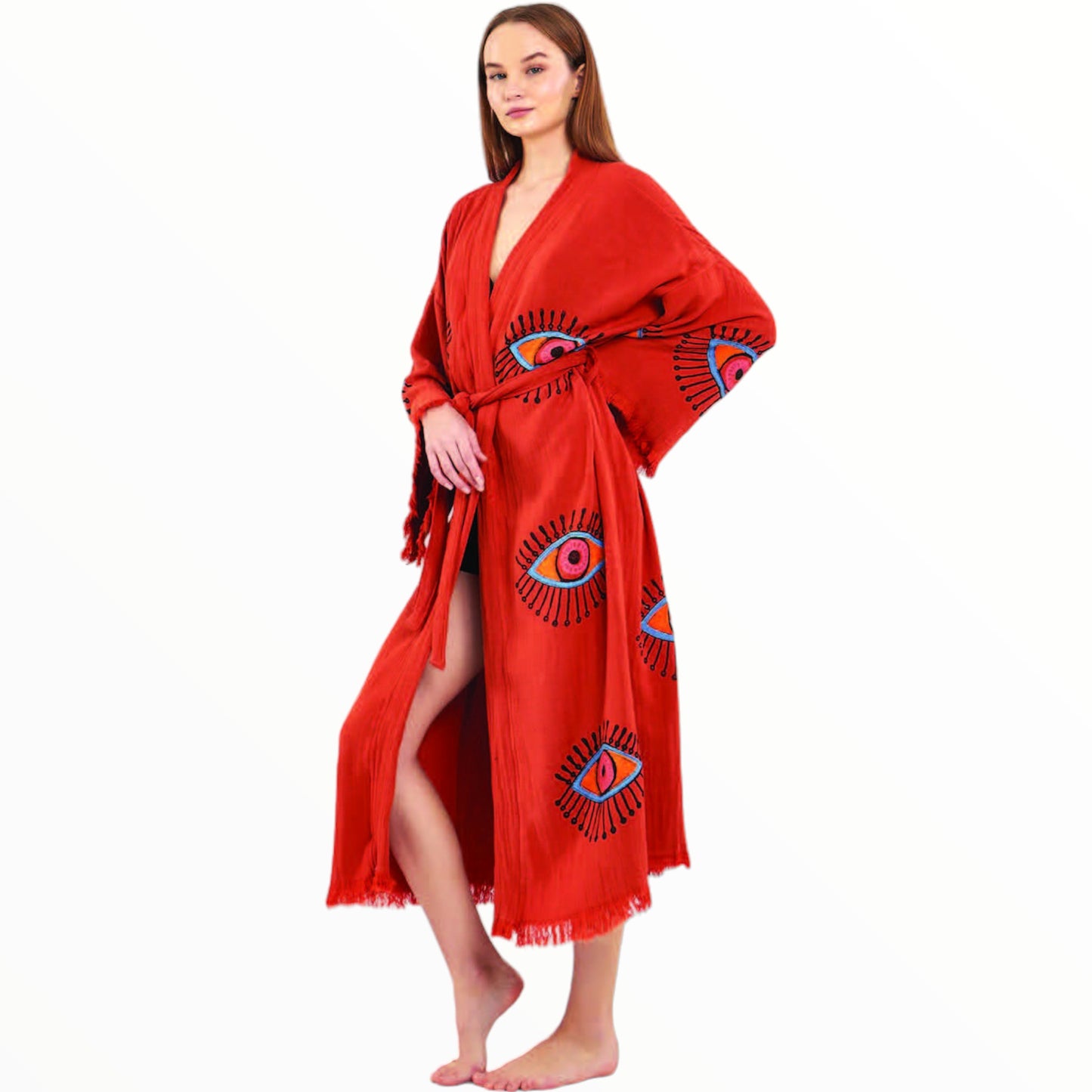 Hand-Made Block Print Evil Eye Turkish Towel Kimono Robe Kaftan