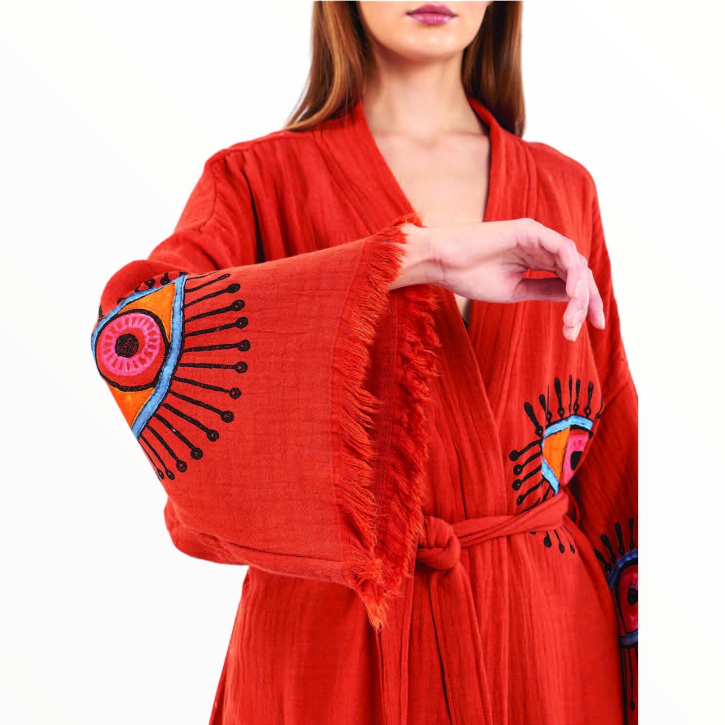 Hand-Made Block Print Evil Eye Turkish Towel Kimono Robe Kaftan