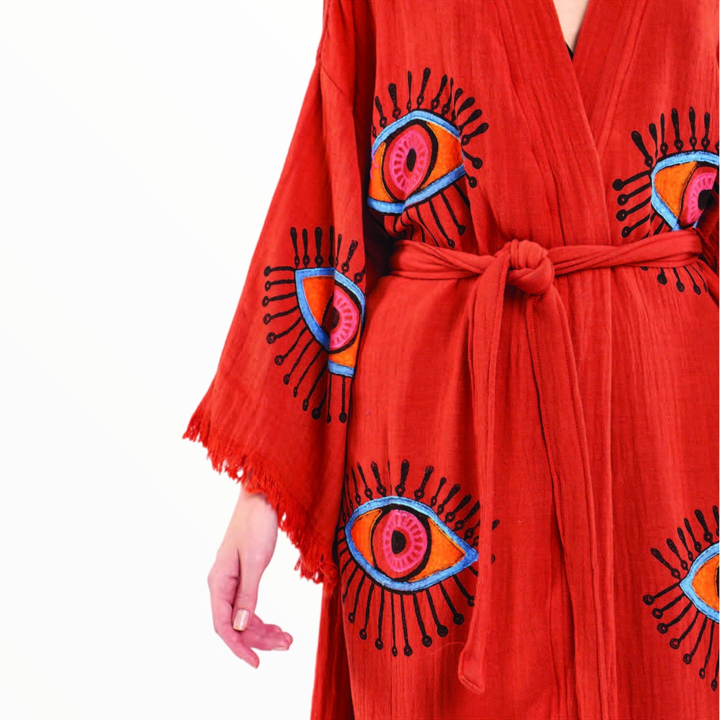 Hand-Made Block Print Evil Eye Turkish Towel Kimono Robe Kaftan