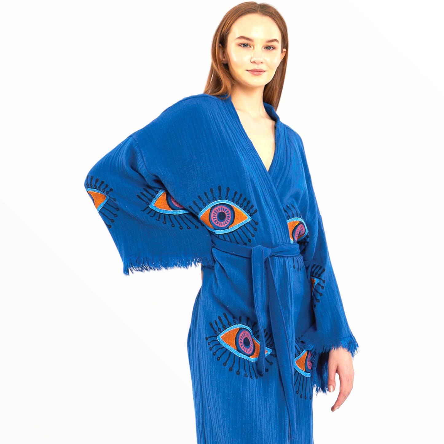 Hand-Made Block Print Evil Eye Turkish Towel Kimono Robe Kaftan
