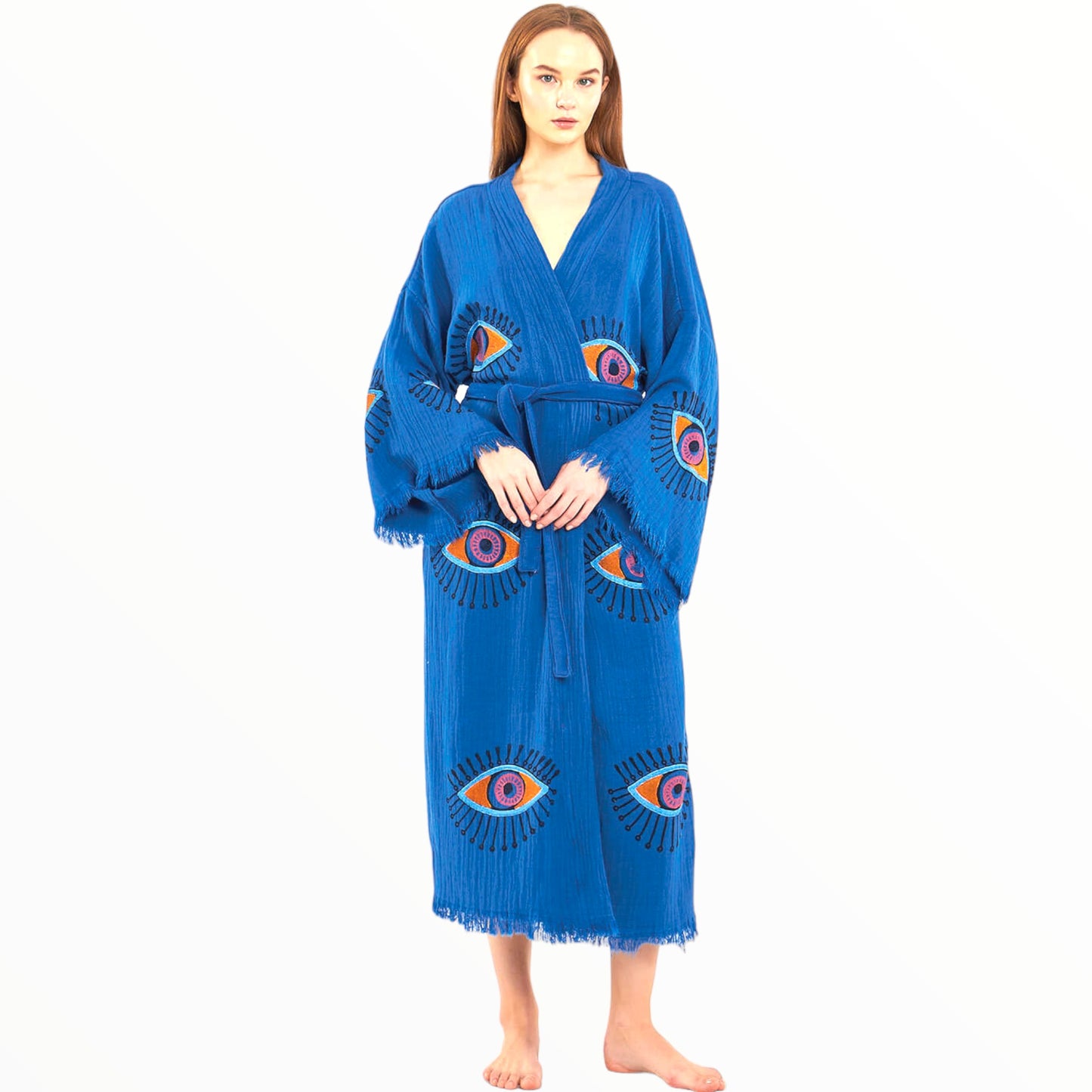 Hand-Made Block Print Evil Eye Turkish Towel Kimono Robe Kaftan